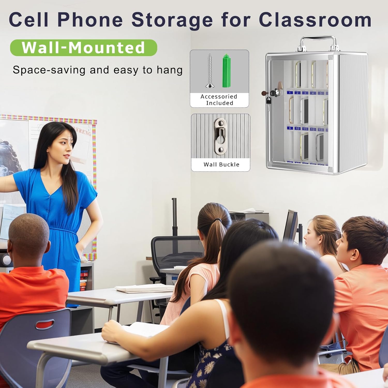 Loghot Aluminum Alloy Pocket Chart Cell Phones Storage Cabinet for Cell Phones, Wall-Mounted Cell Phone Locker Phone Holder with Lock for Classroom, Office, Can be Carried by Hand (24 Slots)
