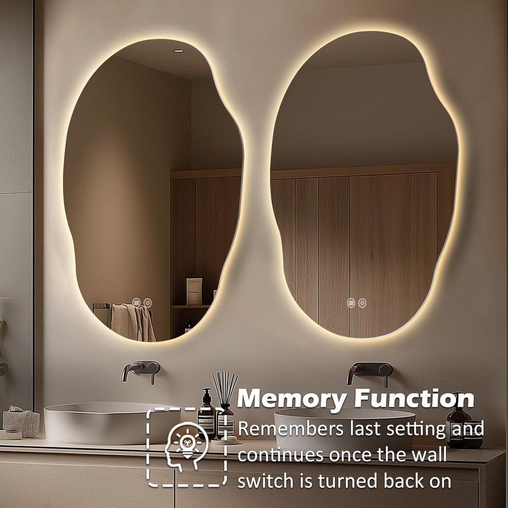 LED Mirror for Bathroom 25x35, Stepless Dimmable Irregular Backlit Mirror with 3 Colors, Anti-Fog, Memory, Al-Alloy Lampshade, Frameless Vanity Mirror for Bathroom (Horizontal/Vertical)