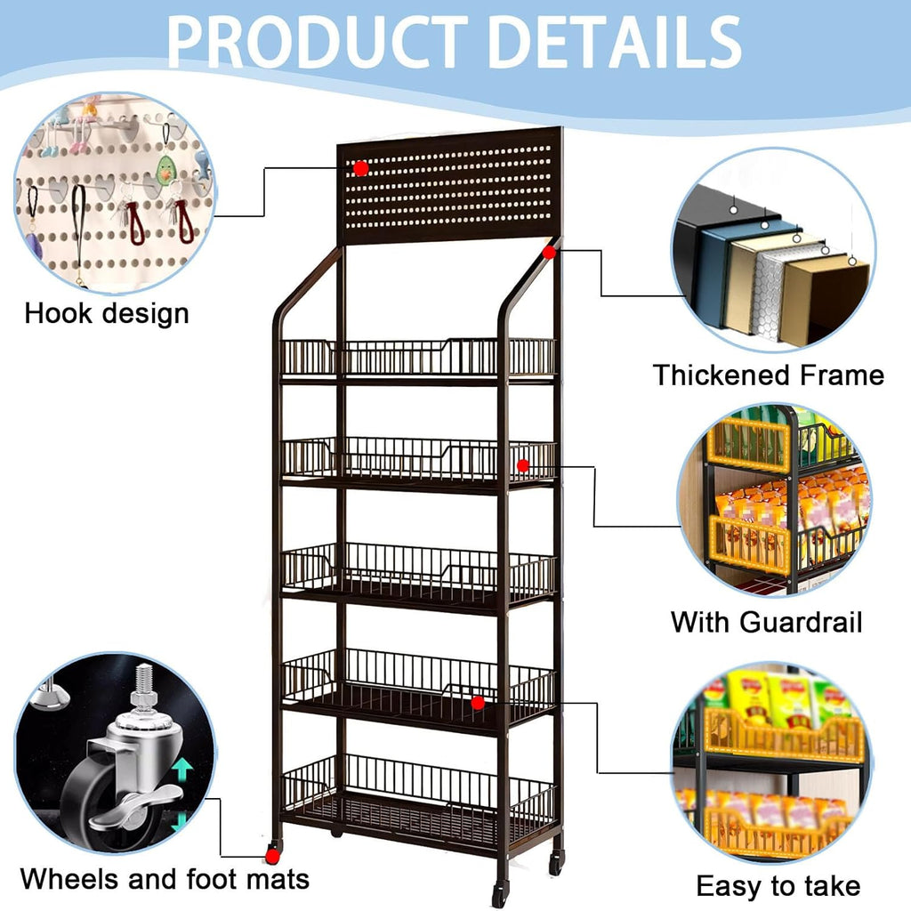 5-Tier Retail Display Rack, Metal Snack Display Stand with Wheels and Hooks, Multi-Functional Shelf, Easy to Assemble, Suitable Storage Rack for Home, Supermarket, Drugstore (Black, 5-Tier)