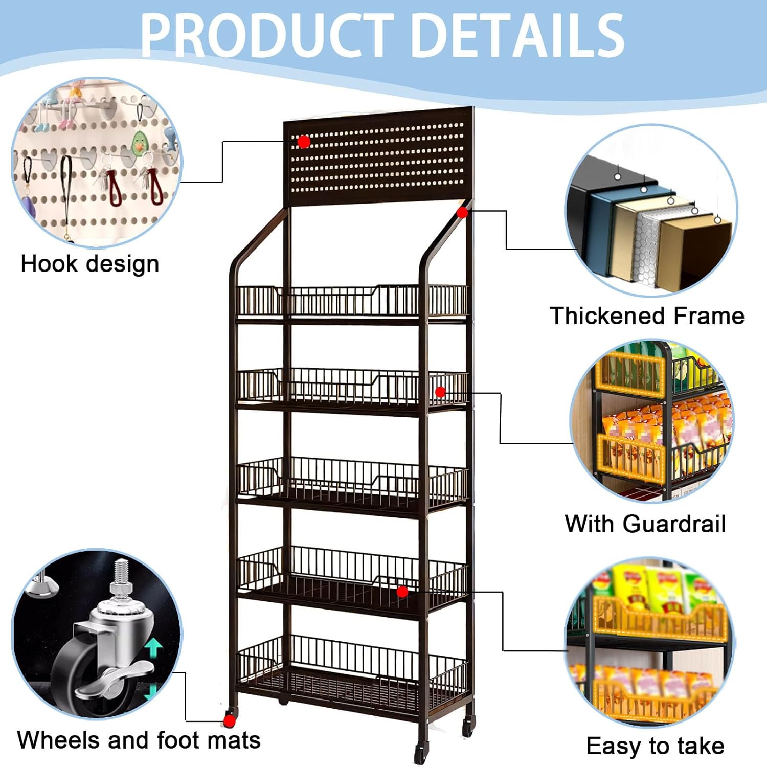 5-Tier Retail Display Rack, Metal Snack Display Stand with Wheels and Hooks, Multi-Functional Shelf, Easy to Assemble, Suitable Storage Rack for Home, Supermarket, Drugstore (Black, 5-Tier)