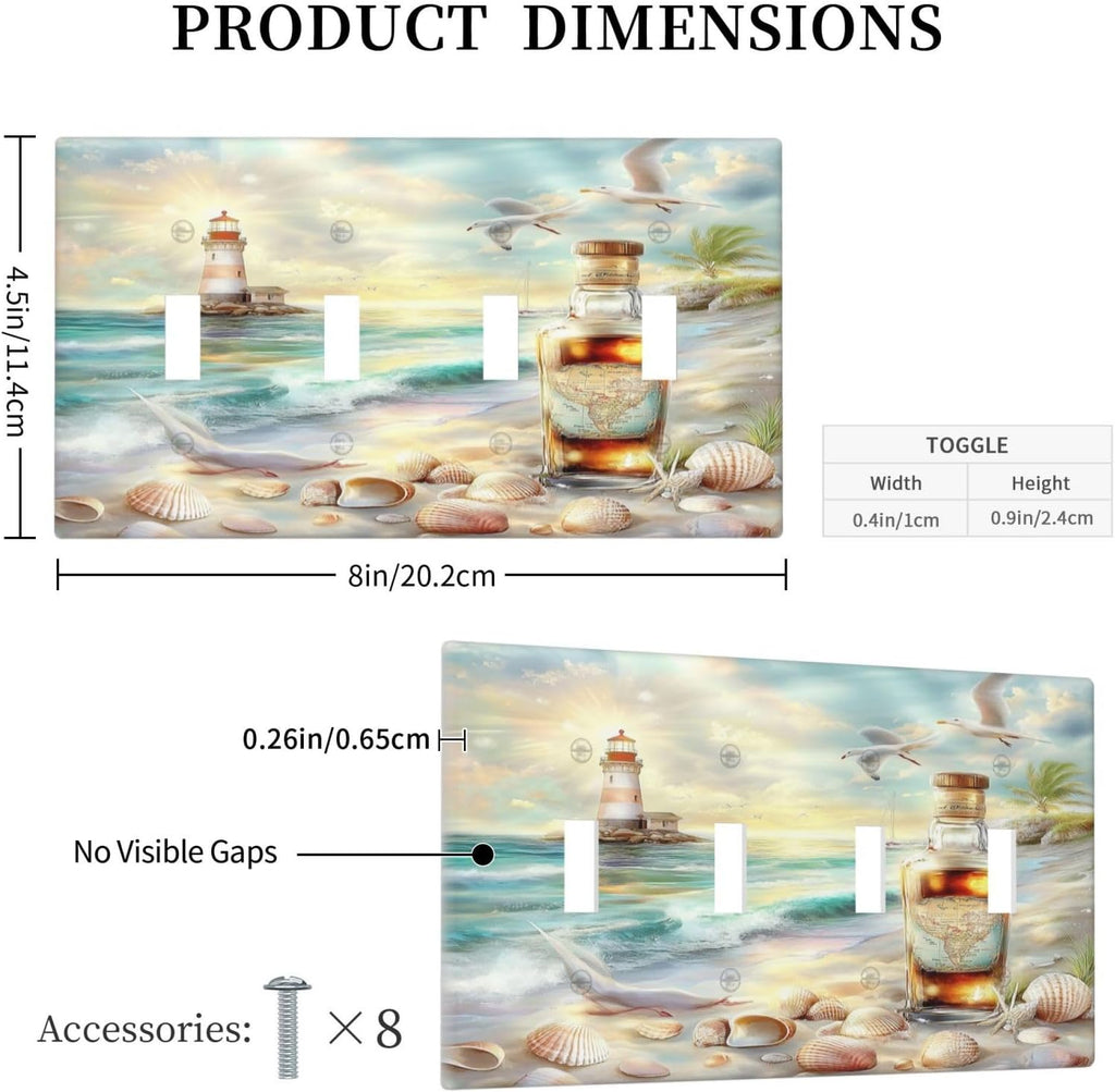 Light Switch Covers Beach Ocean Lighthouse Seashells Quad Toggle Electrical Faceplate 4 Gang Wall Plate Decorative Switch Plates For Bed Room Living Room Decor