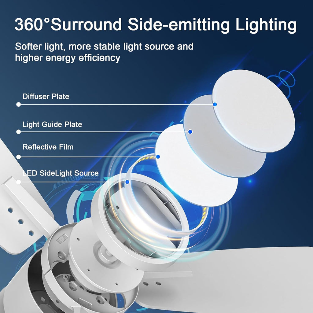 Ceiling Fans with Lights,42 inch,Quiet Reversible Motor,Easy to Install,6 Speeds,3CCT,Timer, White Modern Ceiling Fan for Living Room, Bedroom, Kitchen, Dining room, Office