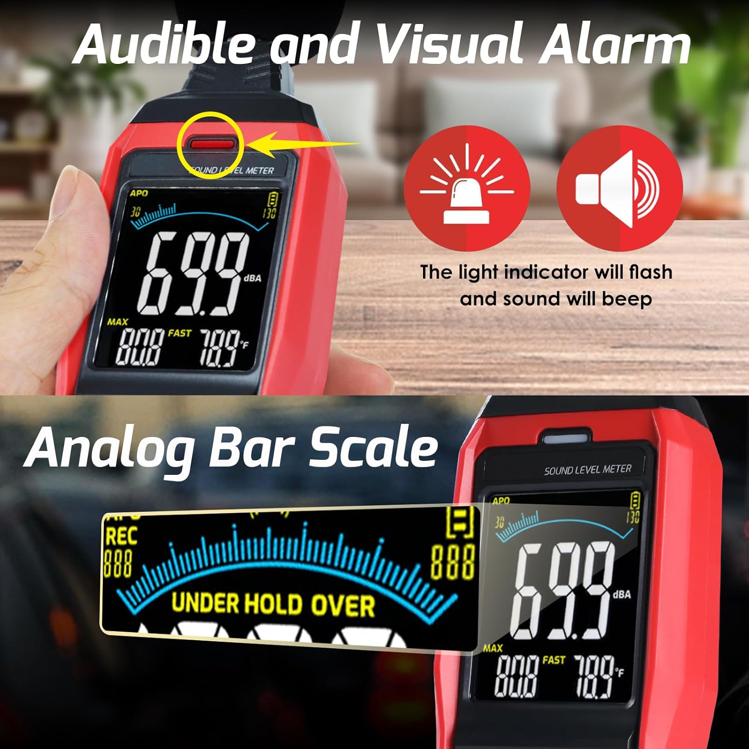 Decibel Meter with Data Logging Sound Decibel Meter Data Logger, 30~130dB Sound Level Meter with Audible Visual Alarm, Sound Meter with Export Data, PC Connection, Temperature, Analog Bar Indicator