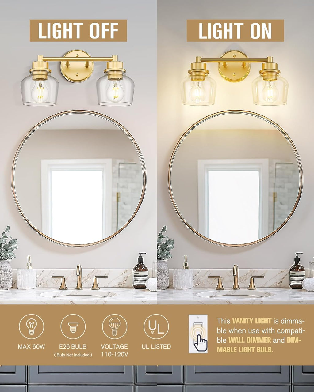 Emak Gold Bathroom Light Fixtures Over Mirror, 2-Light Bathroom Vanity Light with Clear Glass Shade, Modern Vanity Lights Wall Sconces for Bath, Makeup Desk, Mirror, VL122-GD-CG-2