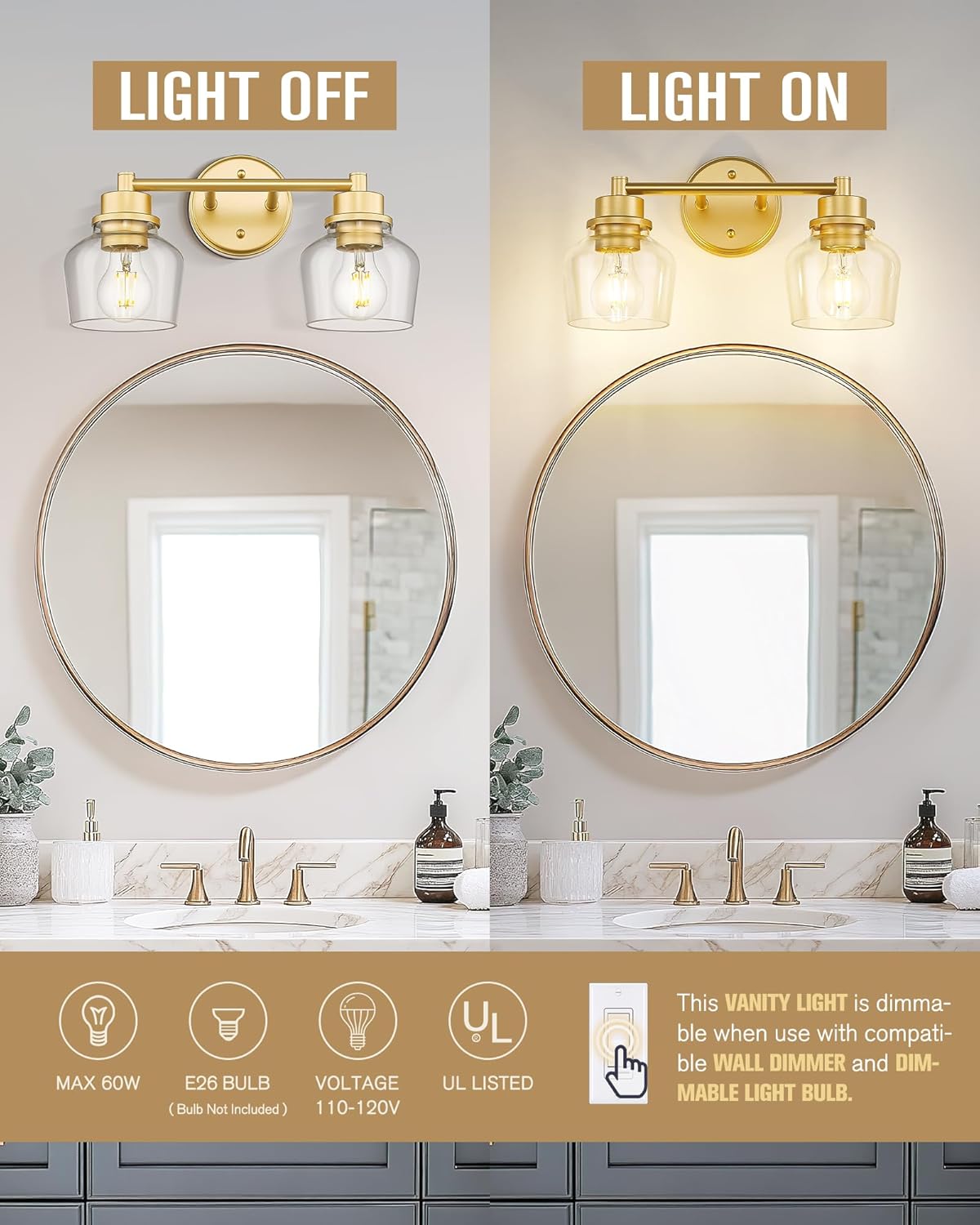 Emak Gold Bathroom Light Fixtures Over Mirror, 2-Light Bathroom Vanity Light with Clear Glass Shade, Modern Vanity Lights Wall Sconces for Bath, Makeup Desk, Mirror, VL122-GD-CG-2