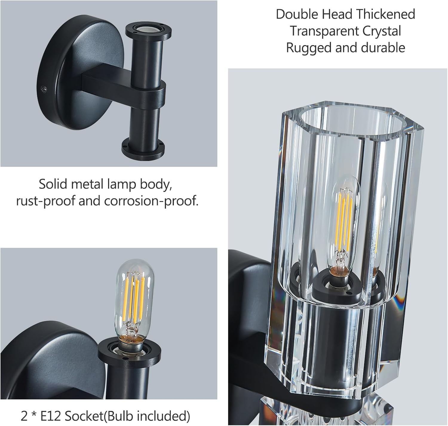 Modern Black Wall Sconces Set of Two Bedroom Crystal Wall Sconces Indoor Sconces Wall Lighting Living Room Sconces with K9 Crystal Lampshade for Bathroom Hallway Entryway Stairway
