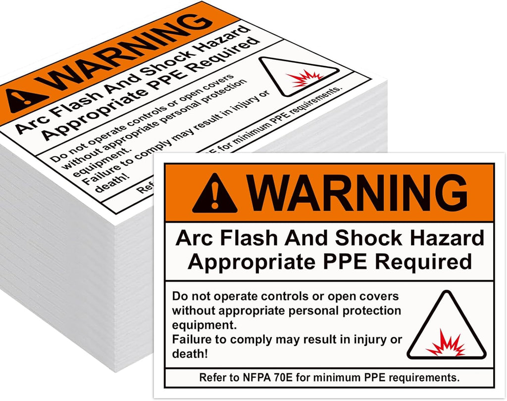100 Pcs Warning Arc Flash and Shock Hazard Label - 5 x 3.5 Warning Safety Appropriate PPE Required Signs for Electrical Workplace