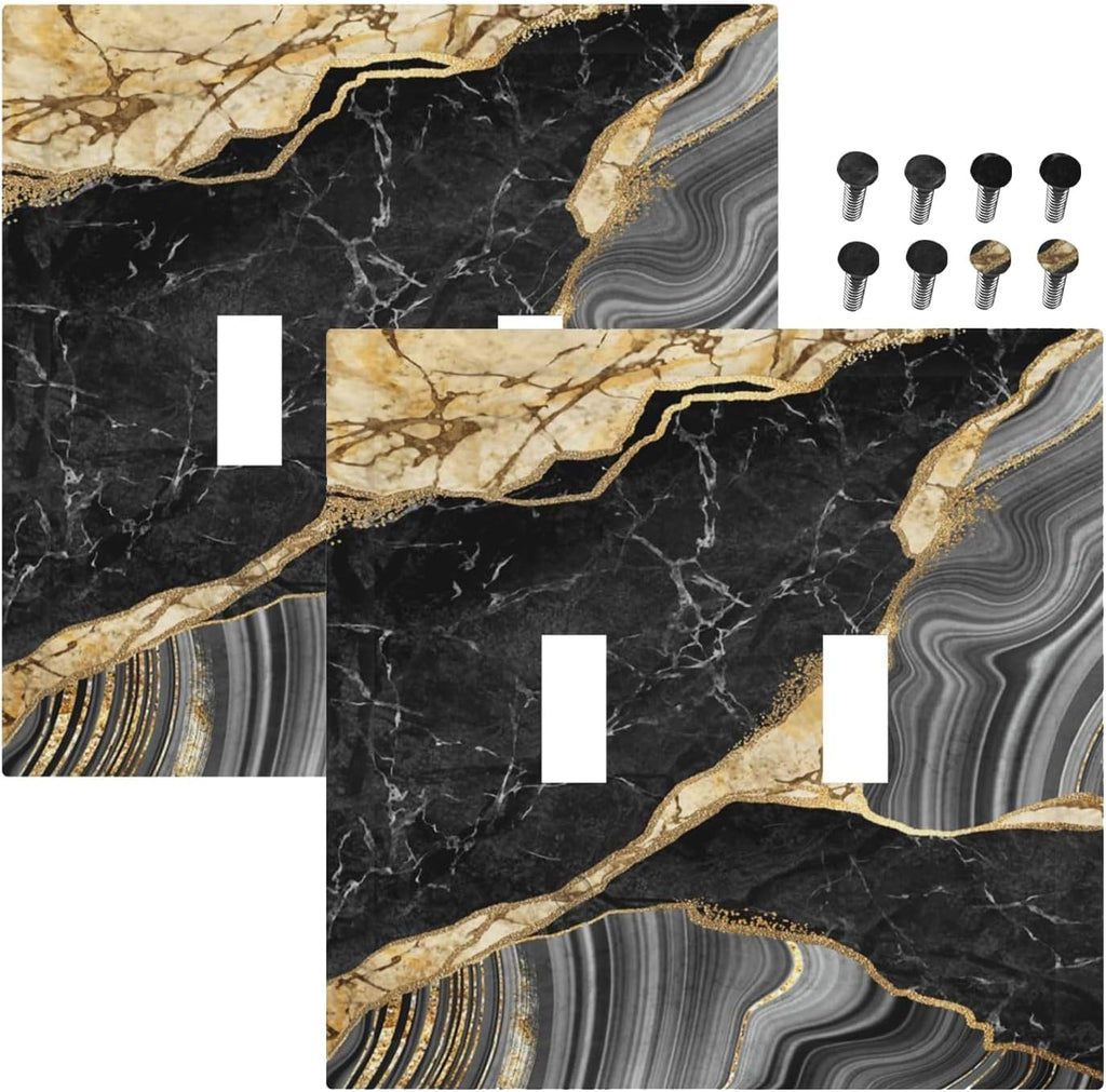 Decorative Light Switch Plate Covers Modern Abstract Black Gold Marble 2 Gang Light Switch Cover Plate Double Toggle Wall Plate Outlet Covers for Bathroom Decor （2 Pack）