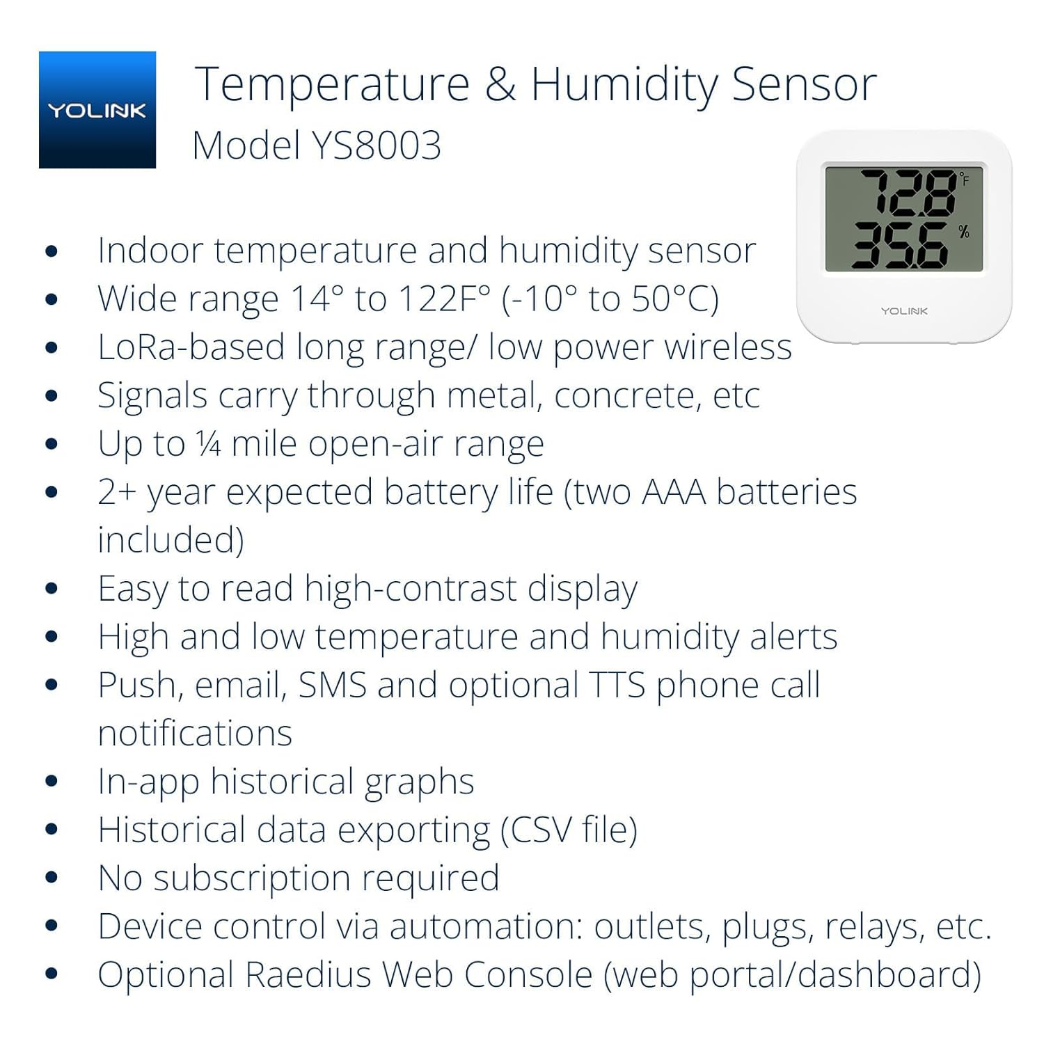 YoLink Smart Wireless Temperature & Humidity Sensor, 3-Pack, Wide Temp Range for Fridge, Green House, Pet Cage, App Alerts, Emails, Text/SMS alerts- Hub Required