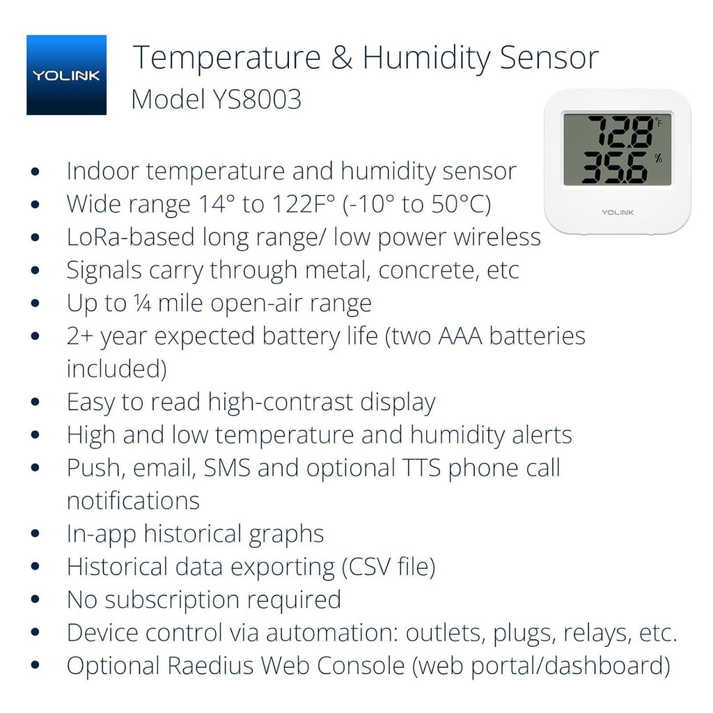 YoLink Smart Wireless Temperature & Humidity Sensor, Wide Temp Range for Fridge, Green House, Pet Cage, App Alerts, Emails, Text/SMS alerts- Hub Required