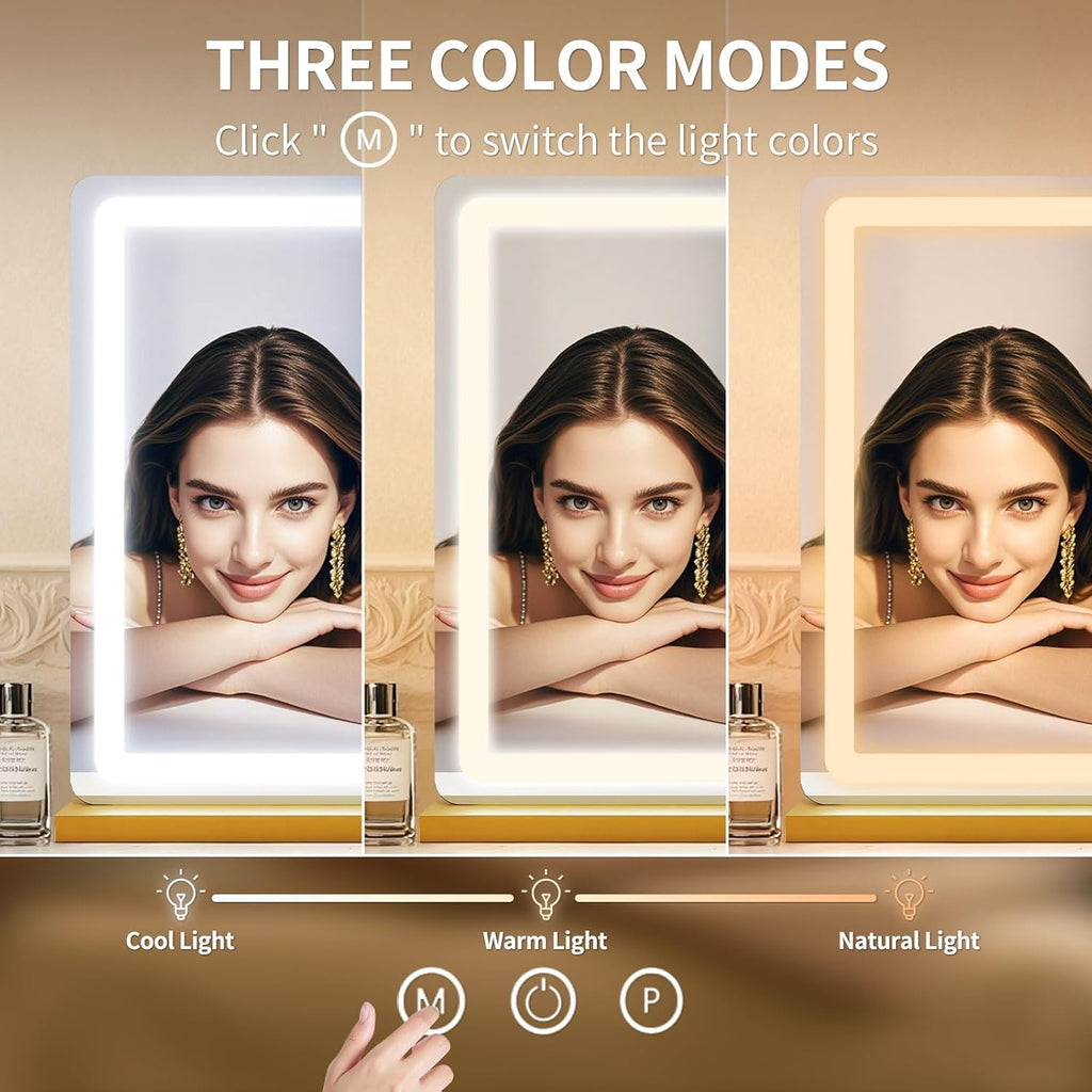 ROLOVE Vanity Mirror with Lights 23x18 Inch, Gold Lighted Makeup Mirror, 3 Color Modes, Smart Touch Dimming, Large Vanity Mirror for Desk, Bathroom, Wall