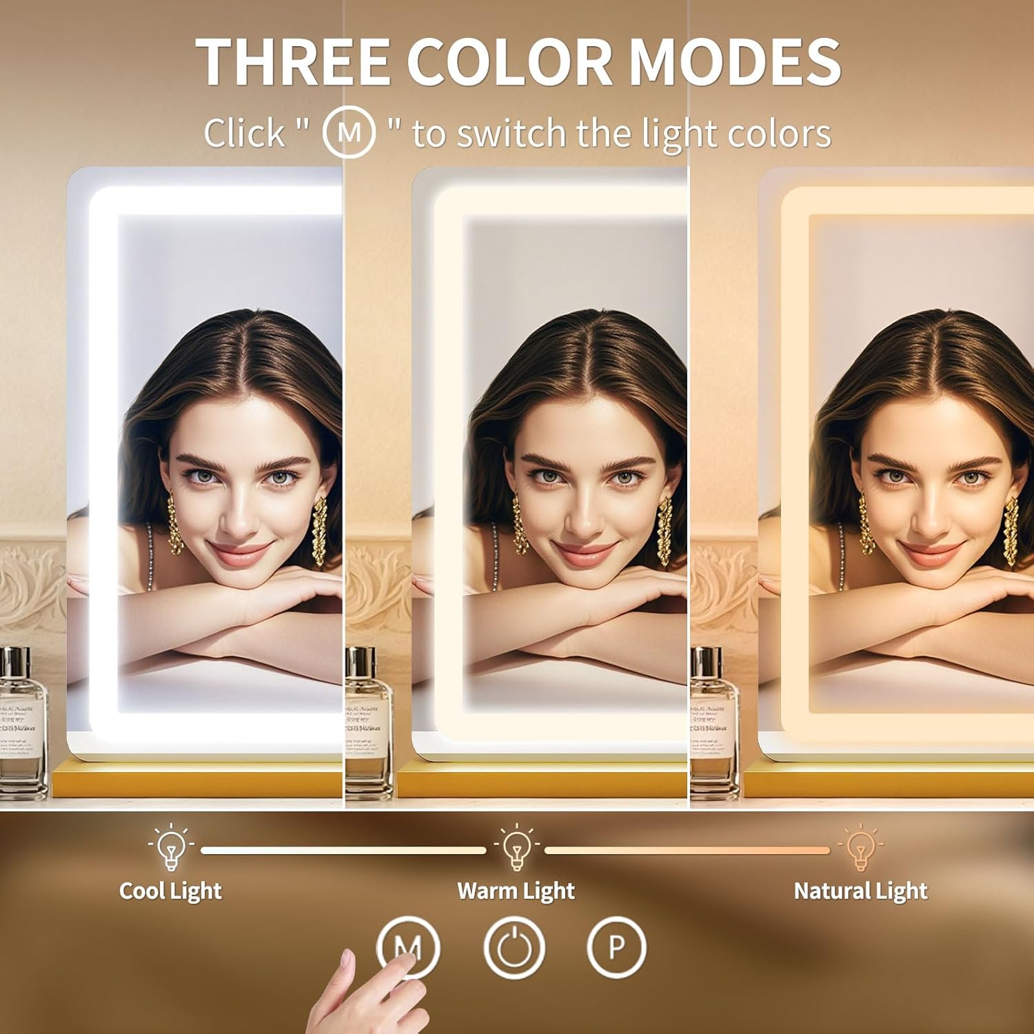 ROLOVE Vanity Mirror with Lights 23x18 Inch, Gold Lighted Makeup Mirror, 3 Color Modes, Smart Touch Dimming, Large Vanity Mirror for Desk, Bathroom, Wall