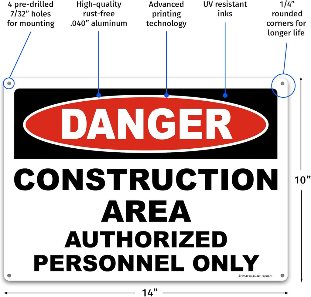 Brimar 14"x10" Danger Construction Area Safety Sign - Aluminum, Weatherproof, Clear Rules and Guidelines, Essential Safety Signage for Construction Sites.