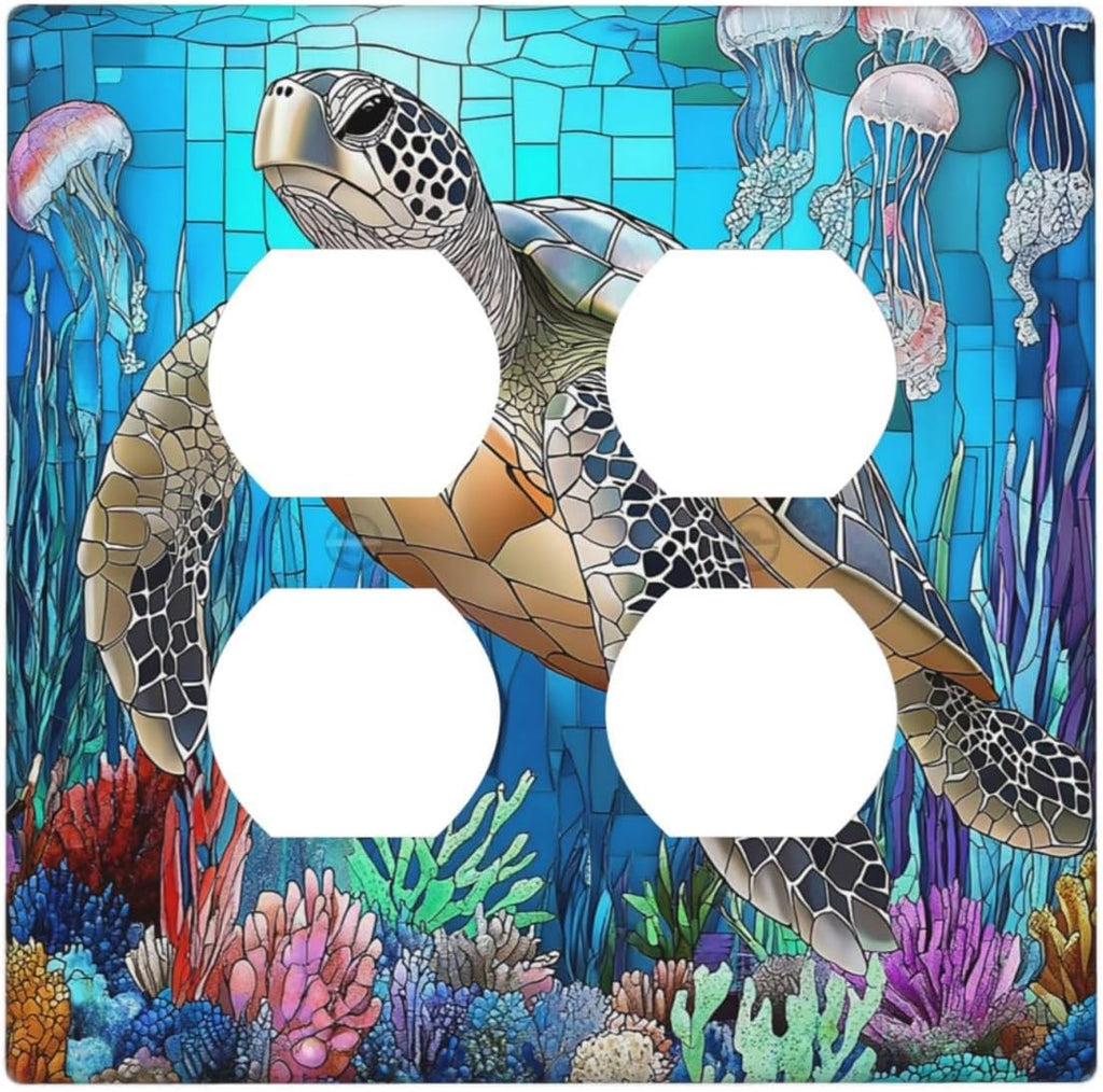 Outlet Covers Nautical Sea Turtle Coral Jellyfish 2 Gang Double Duplex Decorative Light Switch Covers Electrical Wallplates Socket Faceplate For Kids Room Nursery Decor