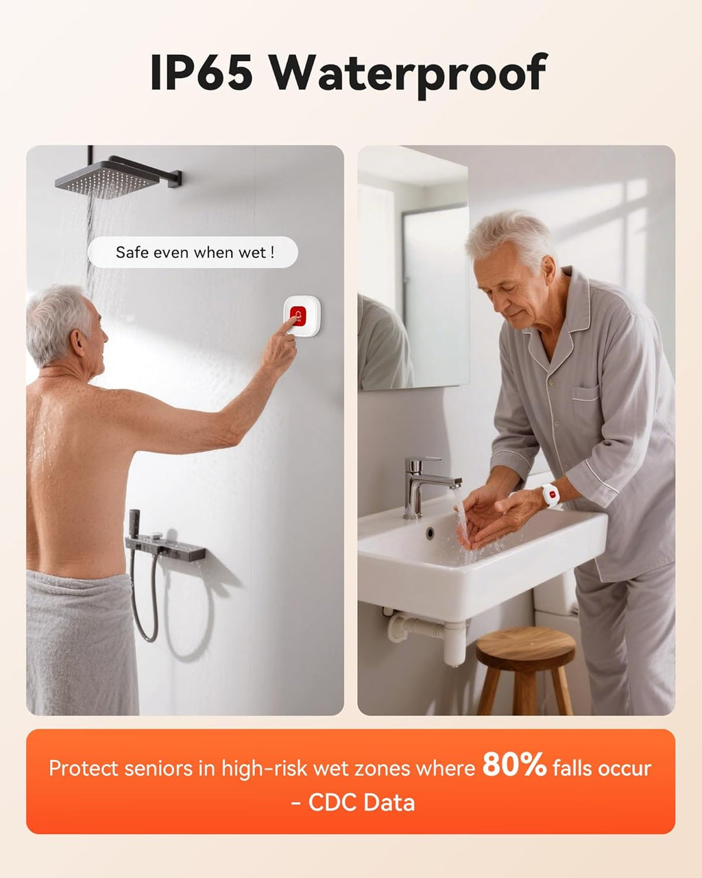 WiFi Caregiver Pager Smart Call System - Display Caller ID & App Alerts, No Monthly Fee, IP65 Waterproof Wristband + 2 Call Buttons, Emergency Alert Button for Elderly at Home & Nursing Care