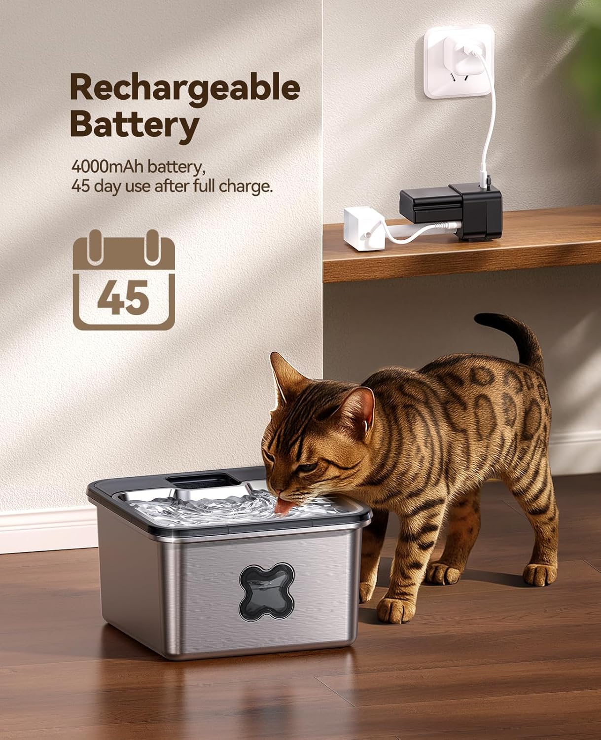 Cat Water Fountain Cordless: [Visual Filter] & [Heavy-Duty Stainless Steel] FEELNEEDY- Premium, Durable Design. 3.2L/108oz, 4000mAh Battery Operated Pet Fountain with Sensor, for Cats and Dogs