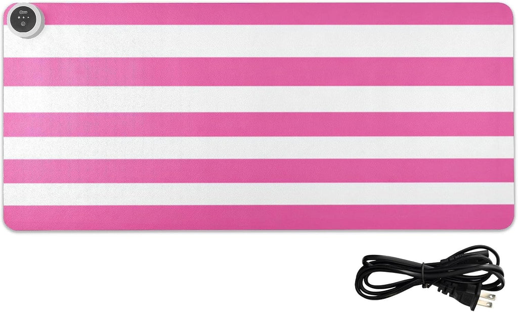 Heated Desk Pad Mouse Pad 31.5x13 Inch PU Leather Desk Mat with 3 Heat Levels Large Mouse Gaming Computer Laptop Mat Hot Pink White Stripes