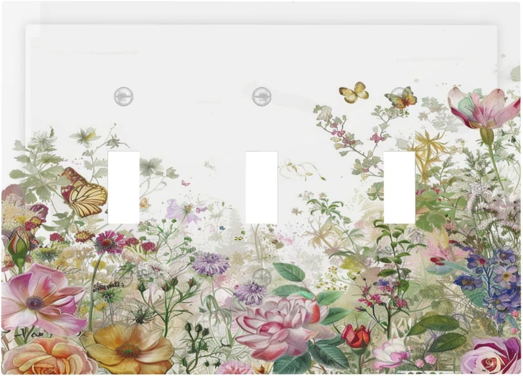 Decorative Switch Plates Boho Wildflower Colorful Floral Butterfly 3 Gang Wall Plate Triple Toggle Light Switch Cover Faceplate Electrical Wall Panels For Bed Room Living Room Decor