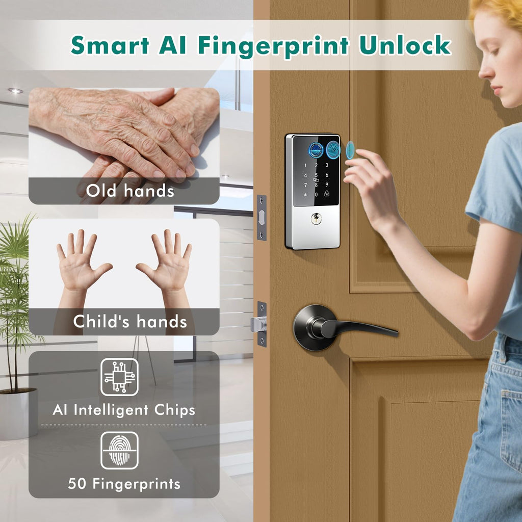 Smart Lock, Upgrade Keyless Entry Deadbolt Smart Lock with Keypad, Fingerprint Door Lock, Smart Locks for Interior Front Door, Biometric Digital Door Lock with Code App Control and Auto Lock(Silver)