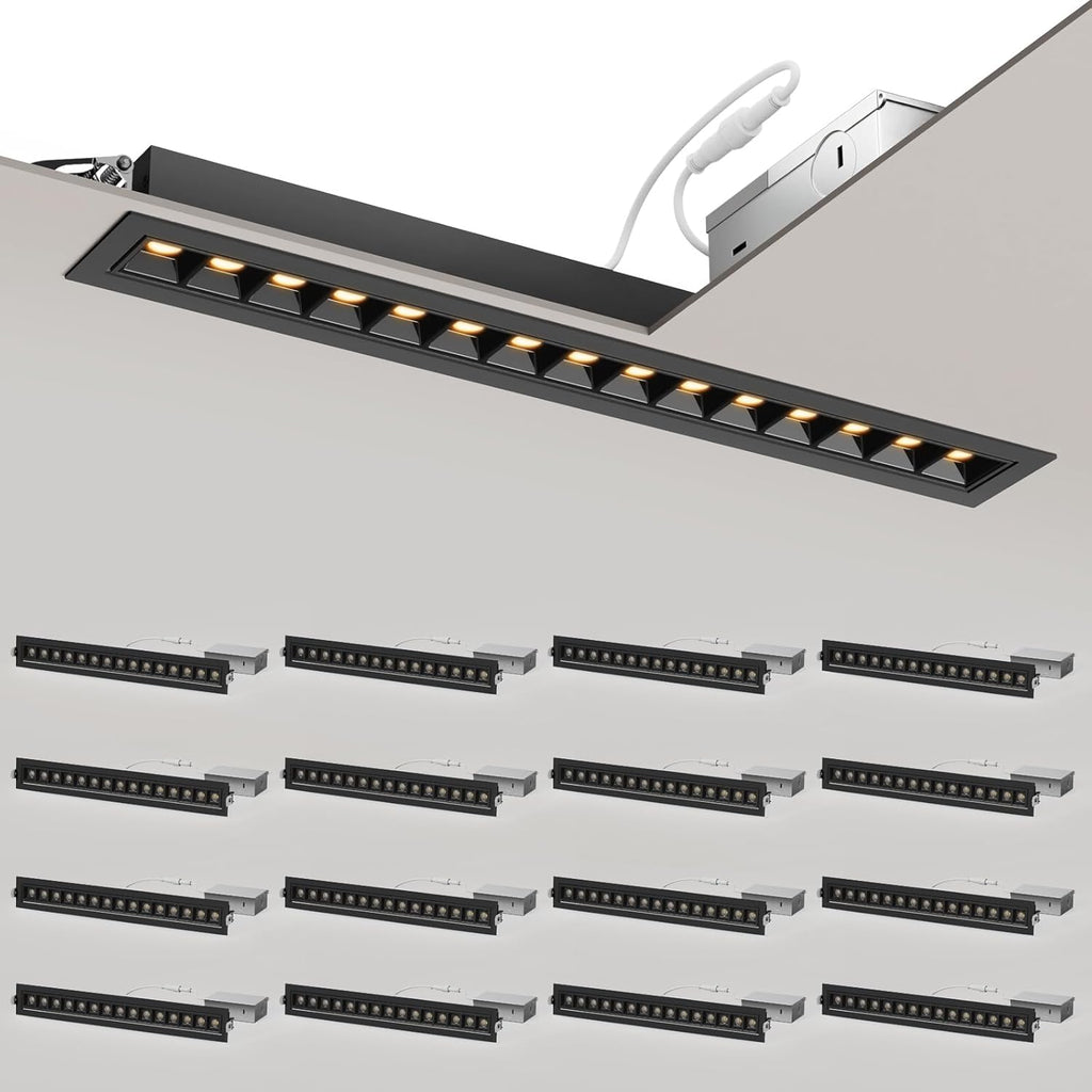 LED Linear Recessed Spotlight 16 Pack, Black Aluminum Recessed Grille Spotlight with Junction Box, Dimable 5 CCT 3000K-6500K, TRIAC Dimming Lighting for Living Room Kitchen Bedroom Hallway