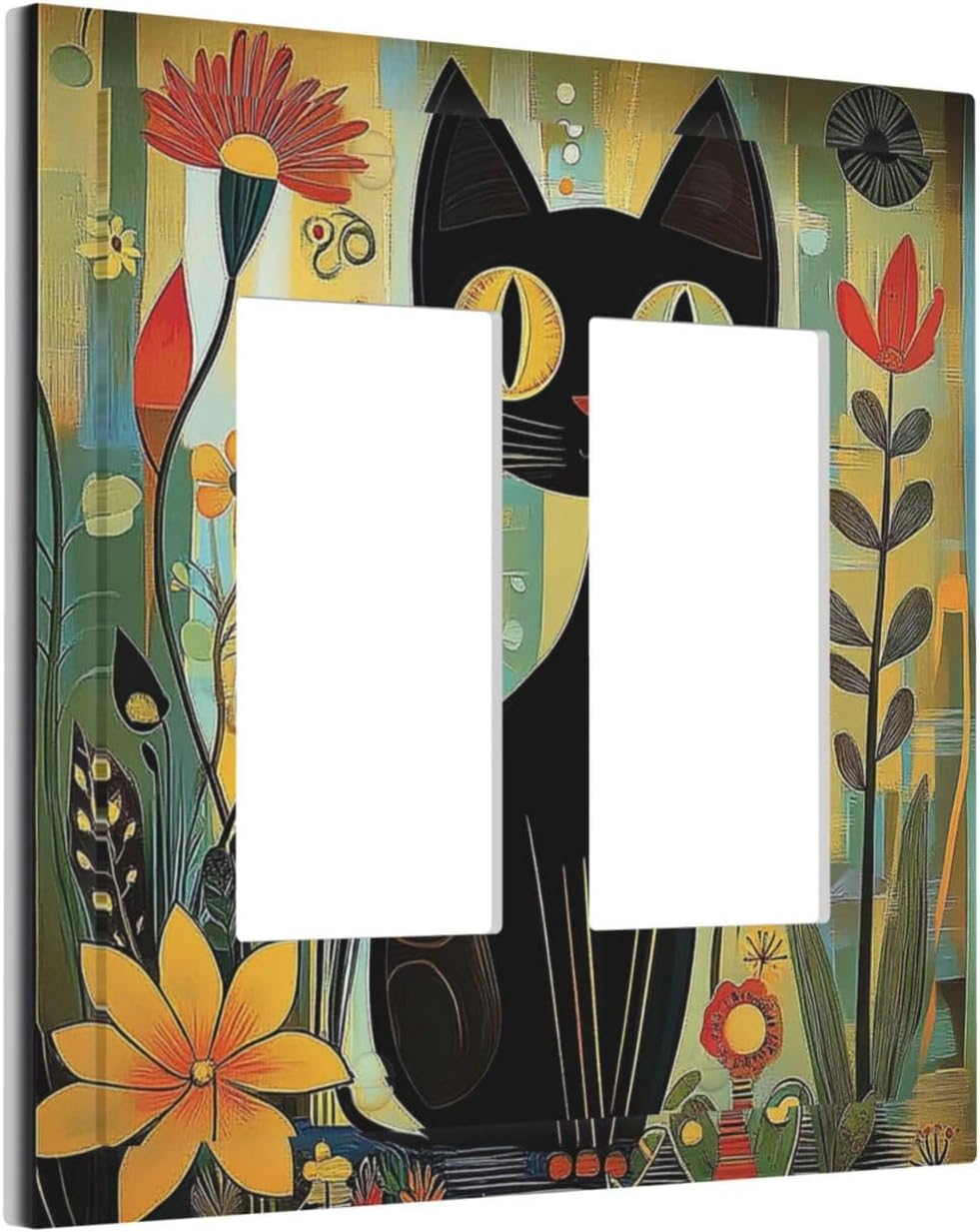 Funny Cat Retro Abstract Flowers Kitten Decorative Outlet Covers 2 Gang Double Gfci Rocker Electrical Wall Panels Light Switch Cover Plate For Kids Room Bed Room Decor