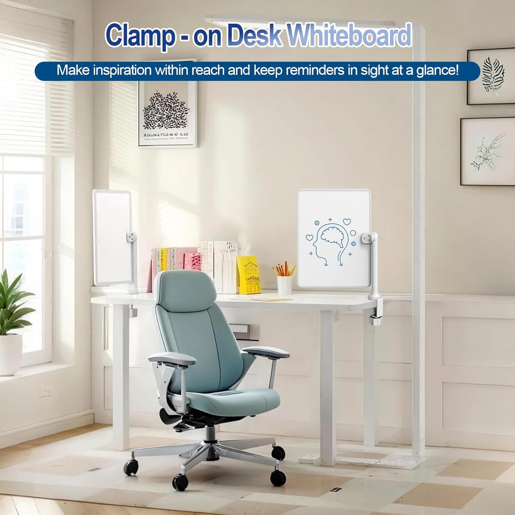 Double-Sided Desk Whiteboard with Dual 360° Swivel - 16" x 12" Clamp-On Desktop Whiteboard for Tables Under 2.3" Thick for Office, Home, School(2pc)