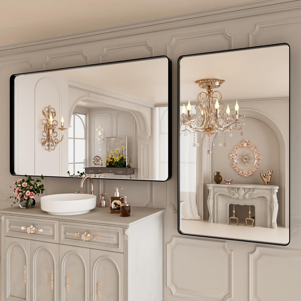 Bathroom Mirror Black,50x30 Inch Large Matte Black Bathroom Vanity Mirror,Rectangle Black Metal Framed Mirror for Wall,Anti-Rust,Shatter-Proof (Horizontal/Vertical)