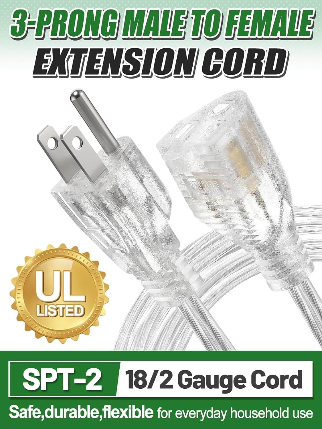 6ft Clear Extension Cord - Male to Female Invisible Indoor Thin 3 Prong Power Cable for Christmas Light Extension Cord, UL-Certified (2 x 18 AWG 250V 6A)