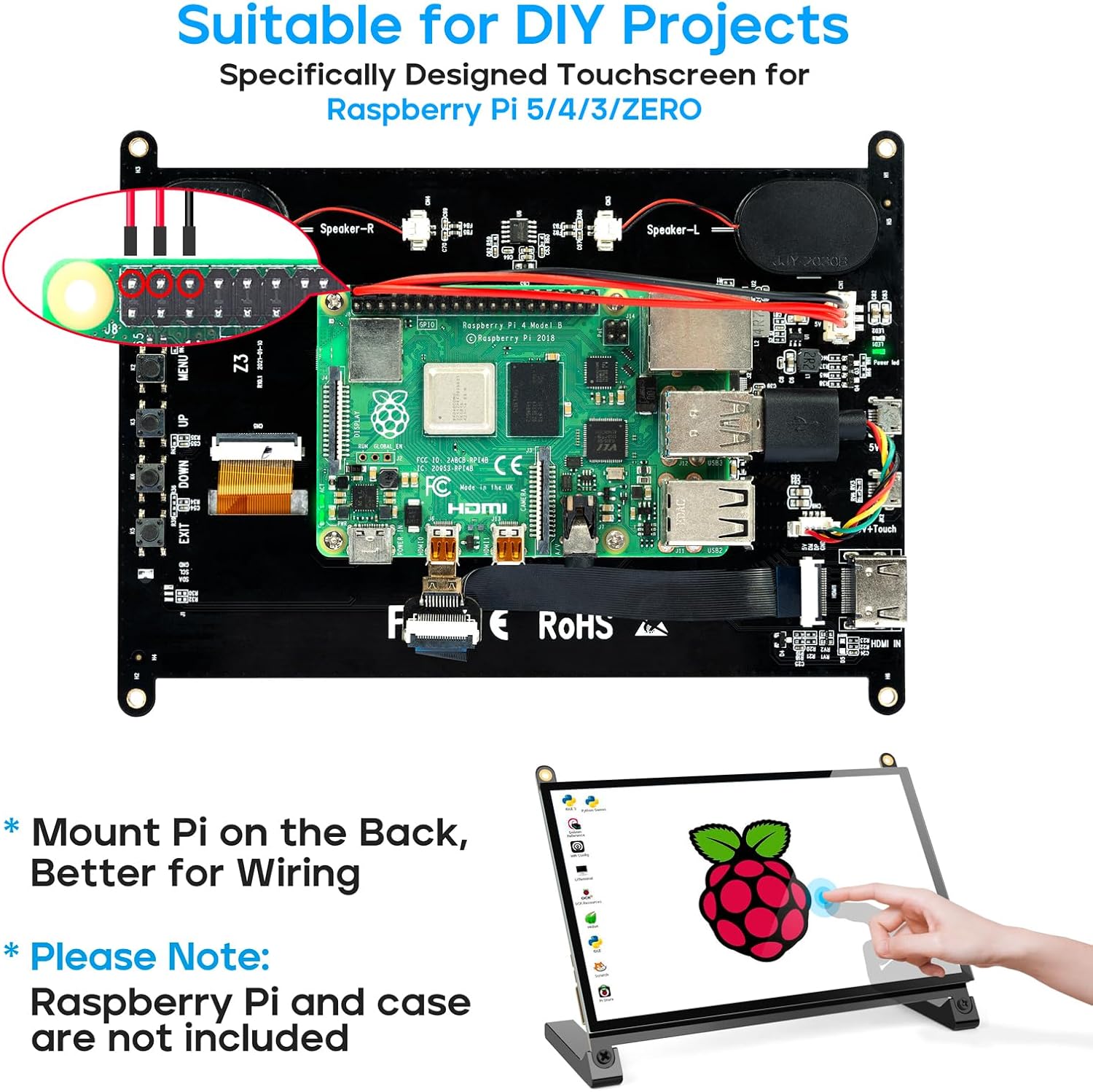 ROADOM 7’’ Raspberry Pi Screen, IPS1024×600,Responsive Smooth Touch,Dual Built-in Speakers,HDMI Input,Compatible with Raspberry Pi 5/4/3,Driver Free