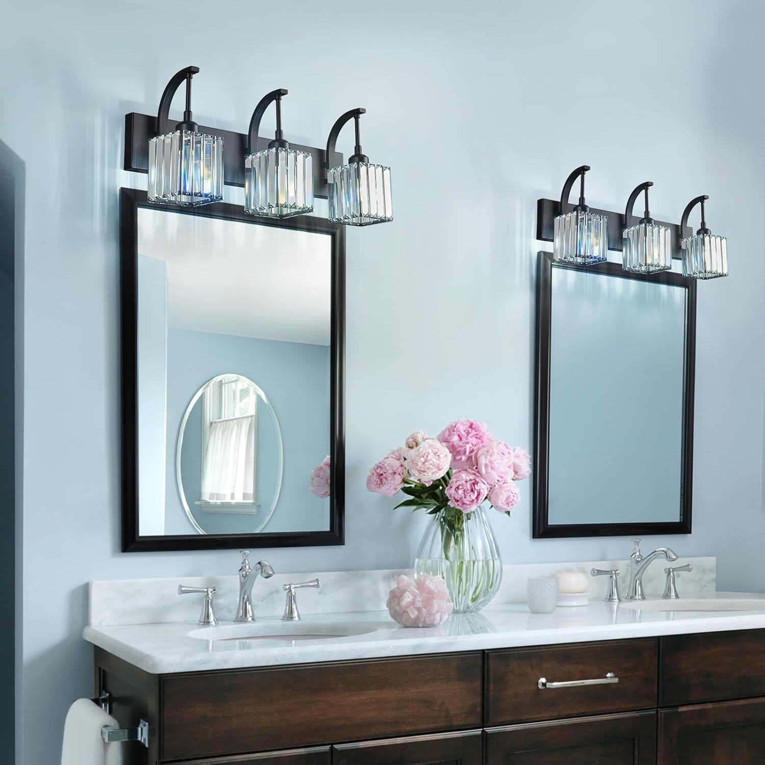 Crystal Vanity Lights 3-Light Black Bathroom Vanity Lights Modern Crystal Bathroom Light Fixtures Over Mirror 23.62" Long Vanity Light for Bathroom