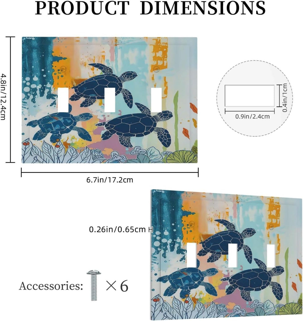 Decorative Switch Plates Colorful Ocean Sea Turtle Marine Life 3 Gang Wall Plate Triple Toggle Light Switch Cover Faceplate Electrical Wall Panels for Kids room Bedroom Decor
