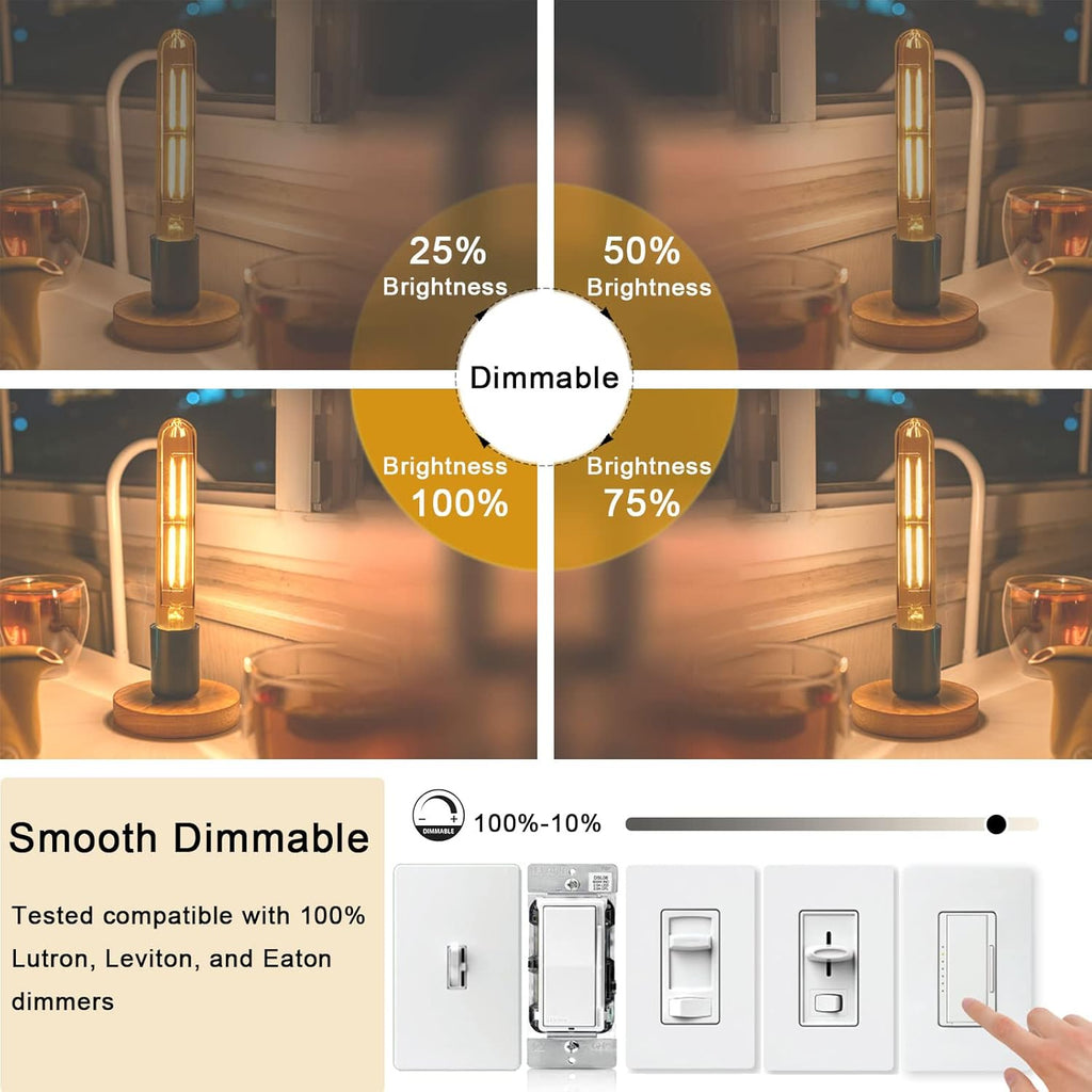 7.3 Inch E26 Led Bulb 6W Dimmable, 2700k Soft White Edison Bulbs 800LM, Equal 80 Watt Tubular T10 T9 Long Clear Glass Light Bulb for Rustic Pendant Pipe Wall Sconces Chandeliers - 4Pack