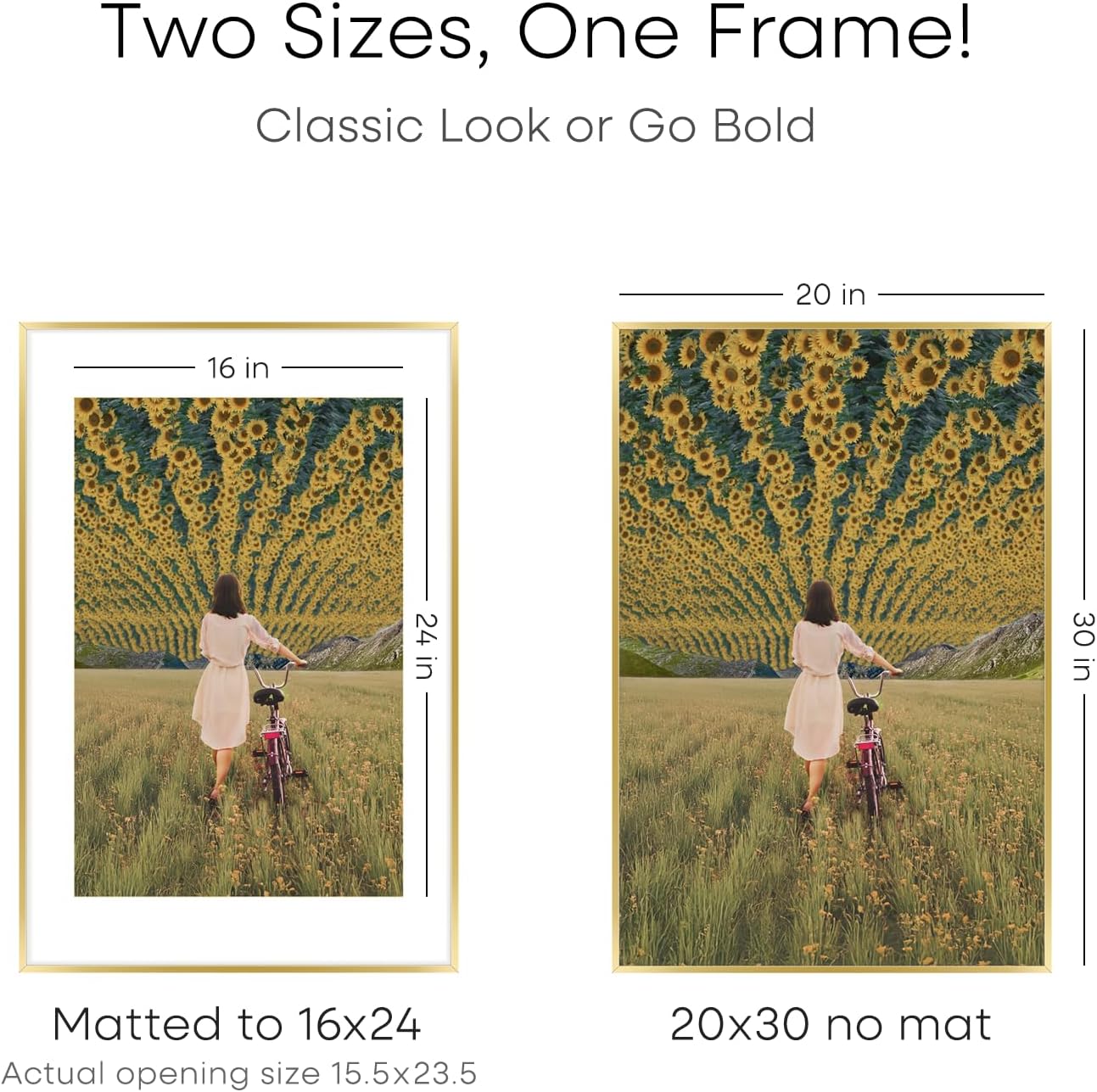Homeforia 20x30 Poster Frame Gold, High End Metal 20 x 30 Picture Frames with Mat 16 by 24 Photo, 20x30 Gold Frame Matted to 16x24 Print, 30x20 Large Hanging Frames, Tempered Glass, Wall Kit, Set of 3