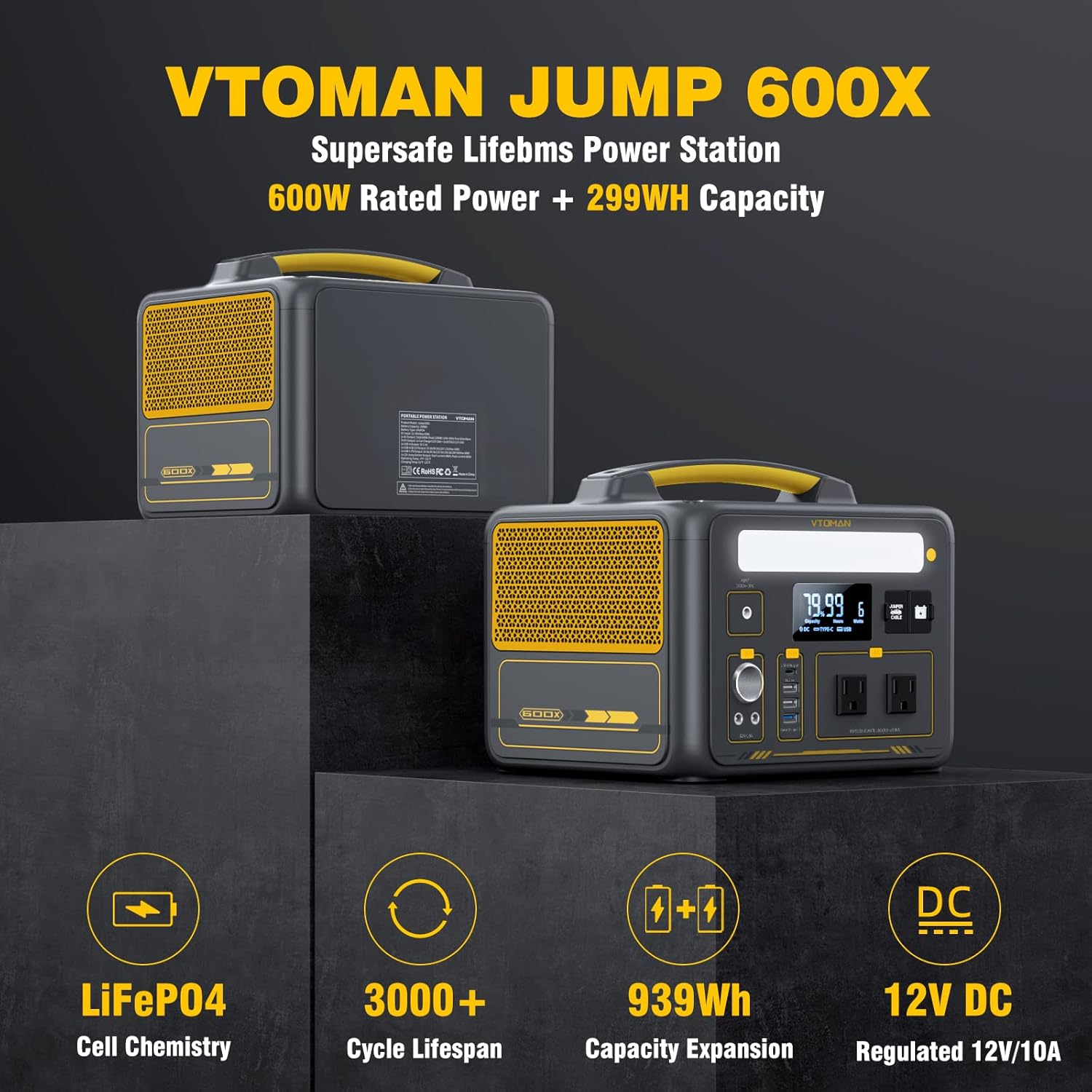 VTOMAN Jump600X 600W Portable Power Station with 640Wh Extra Battery, 939Wh Solar Generator LiFePO4 Battery, Peak 1200W AC Outlet, PD 60W USB-C, 3x12V/10A DC for Outdoor Camping, Off-grid, Home Backup