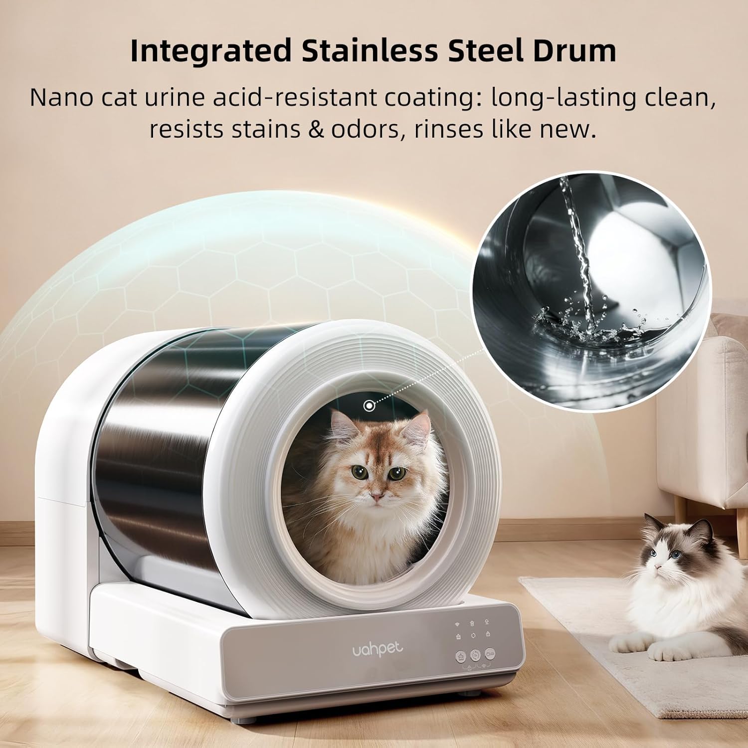 uahpet Stainless Steel Self Cleaning Cat Litter Box, Automatic Cat Litter Box with APP Control, Lower Entry, Safety Sensors Includes Mat & Trash Bags