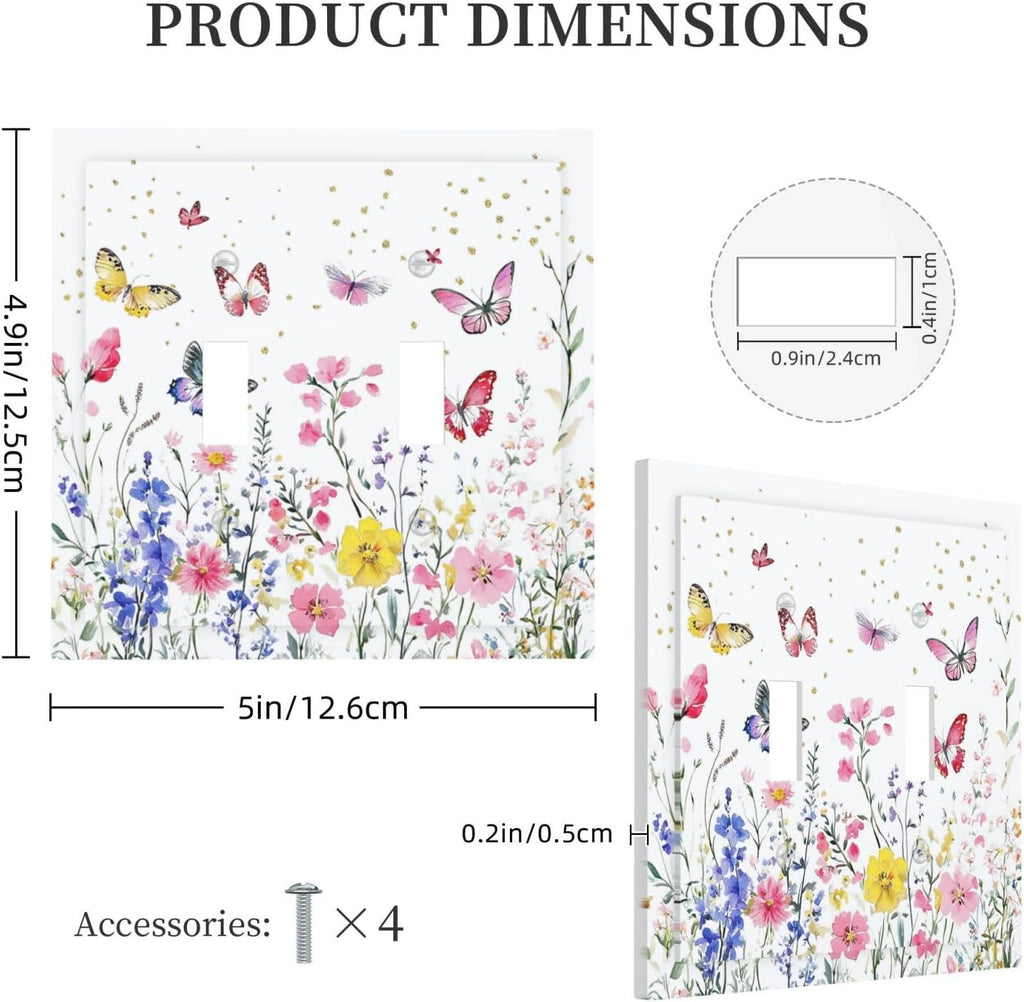Decorative Switch Plates Watercolor Floral Butterfly Colorful Wildflower 2 Gang Double Toggle Outlet Light Switch Cover Wall Plate Electrical Faceplate For Bed Room Living Room Decor