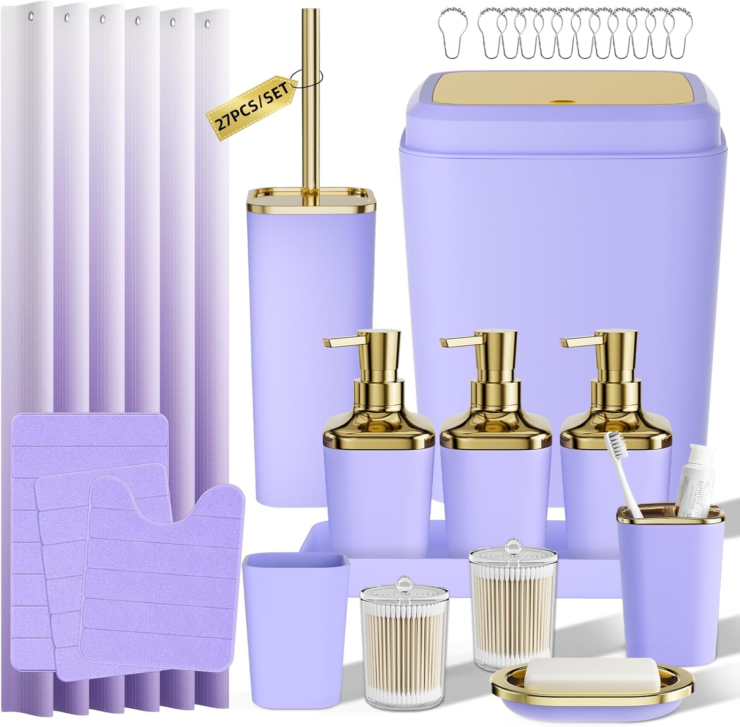 Bathroom Sets with Shower Curtain and Rugs, 27PC Bathroom Accessory Set, Purple Bathroom Set, Purple and Gold Bathroom Accessories Set with Trash Can, Toilet Brush and Soap Dispensers