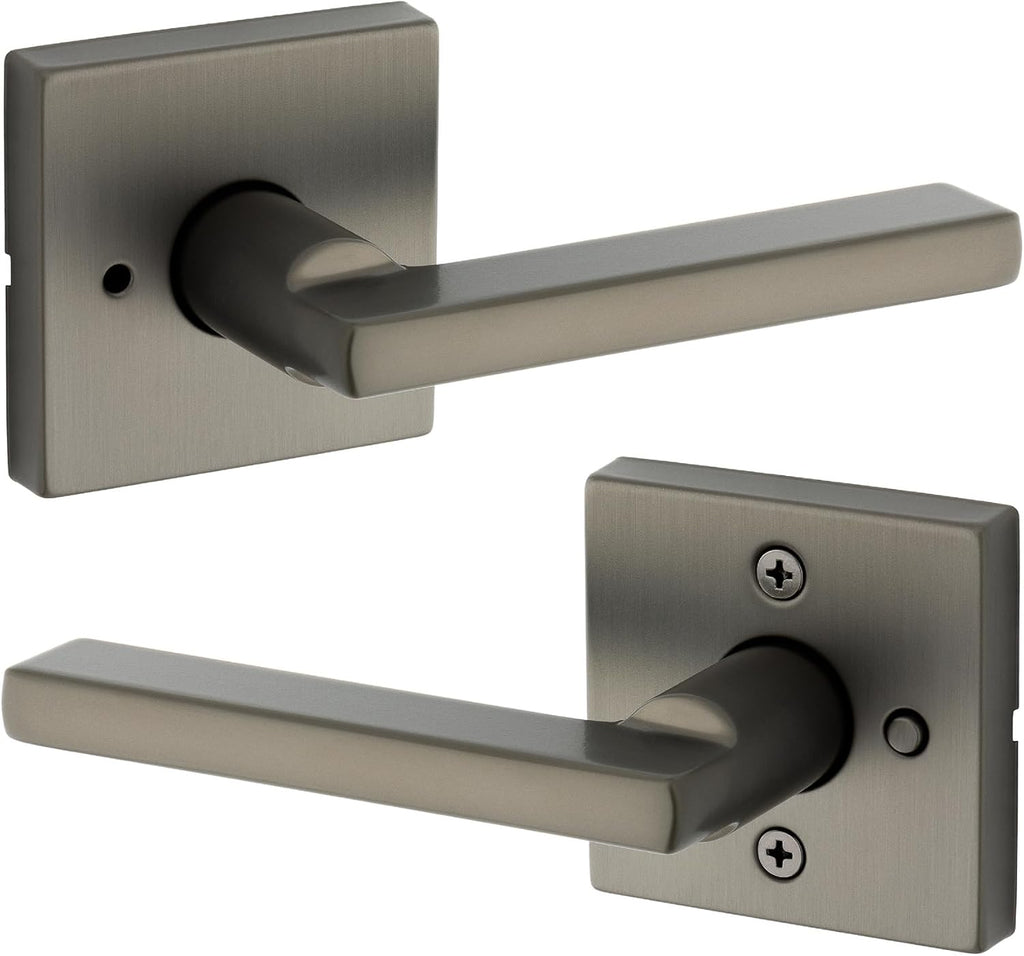 Kwikset Halifax Interior Square Privacy Door Handle with Lock, Door Lever for Bathroom and Bedroom, Gunmetal Reversible Keyless Turn Lock