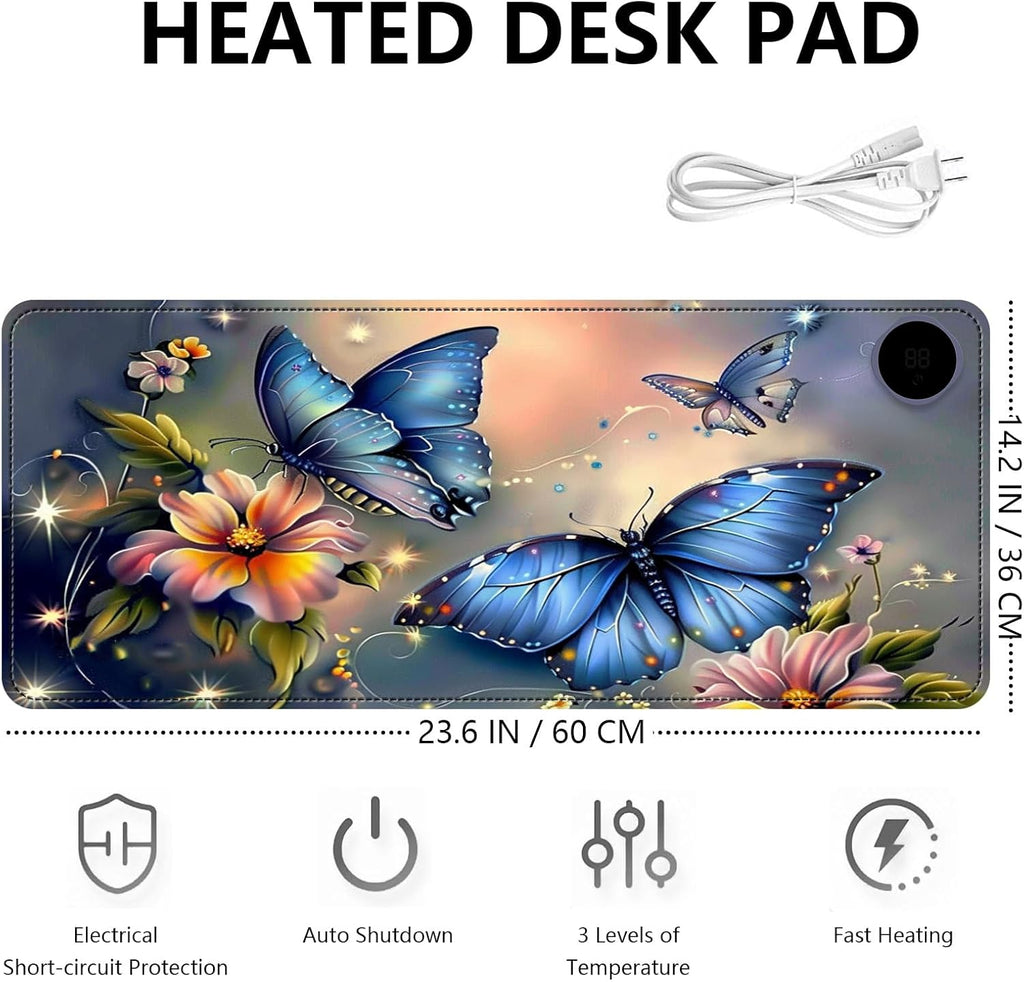Heated Mouse Pad with 3 Levels Heated & 3 Hours Auto Shut-Off Mouse Pad for Warming Hands in Office Home, 23.6" x 14.2"Large Safe Desk Mat Hand Warmer，Blue Butterfly