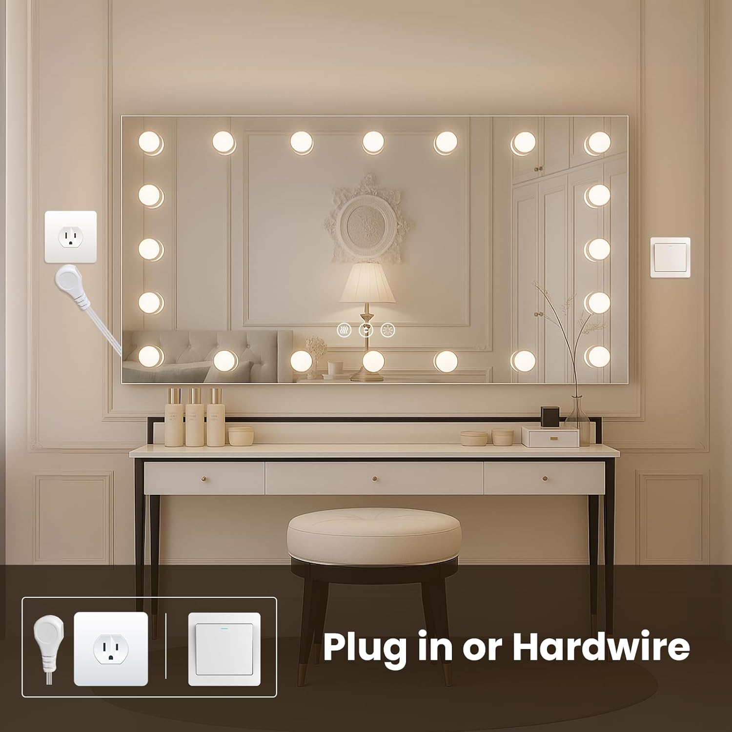 WTTY LED Bathroom Mirror with Lights 96"x36" Hollywood Wall-Mounted Mirror with 3 Color Temperatures, Stepless Dimmable Bulbs, Anti-Fog & Shatter-Proof
