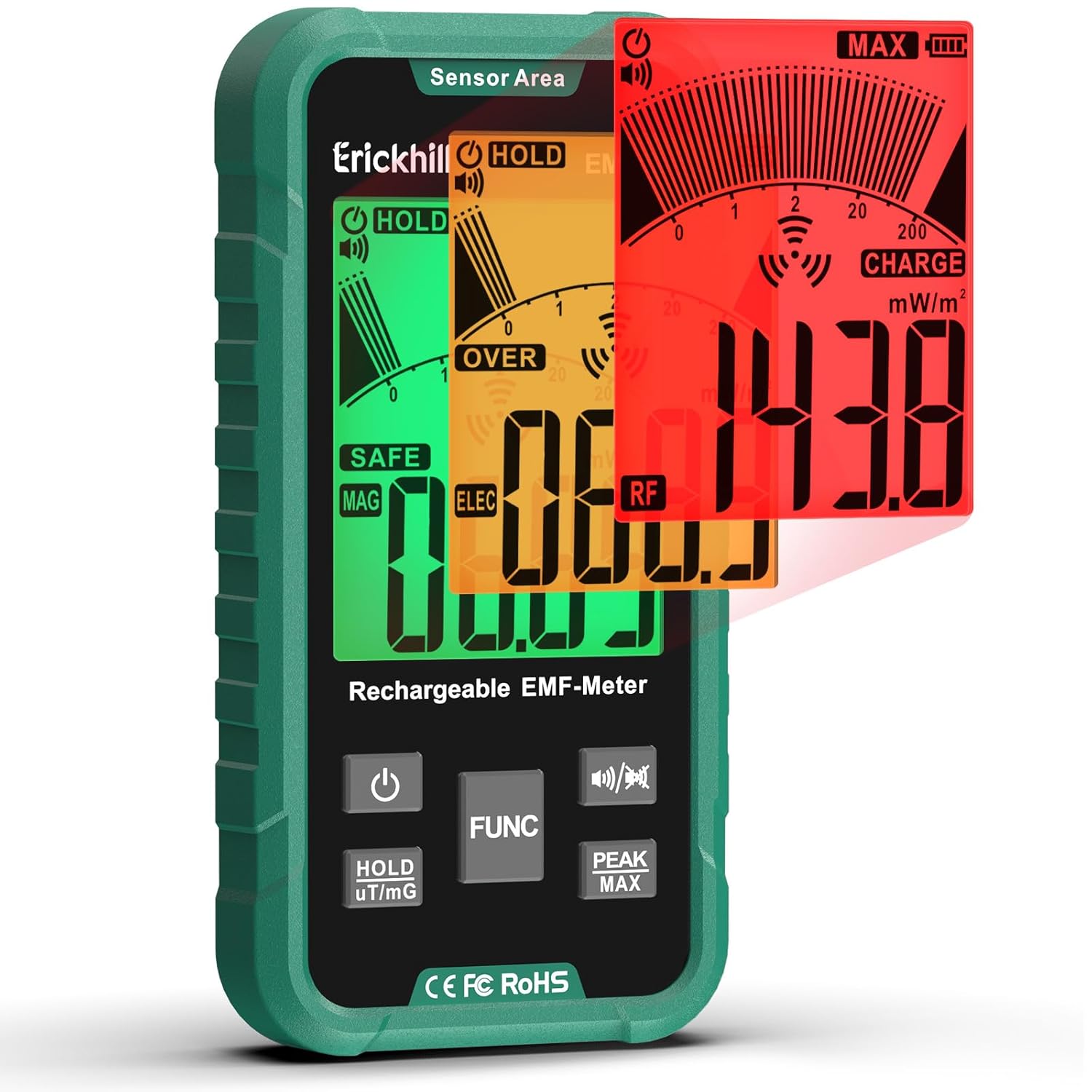 ERICKHILL EMF Detector, 3‑in‑1 Portable EMF Meter and Radiation Detector for RF, EF, MF, & WiFi Signal– EMF Reader with 3-Color Sound‑Light Alarm, Rechargeable Battery for Home, Office & Ghost Hunting