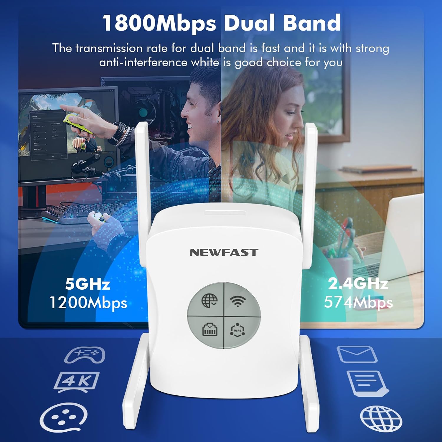 NEWFAST AX1800 WiFi Extenders Signal Booster NF-RE553, Dual Band WiFi 6 Range Extender, 5.8GHz&2.4GHz WiFi Booster for Home Covers Up to 9800 Sq.ft, AP/Router/Bridge Mode, Gigabit Port, One Tap Setup