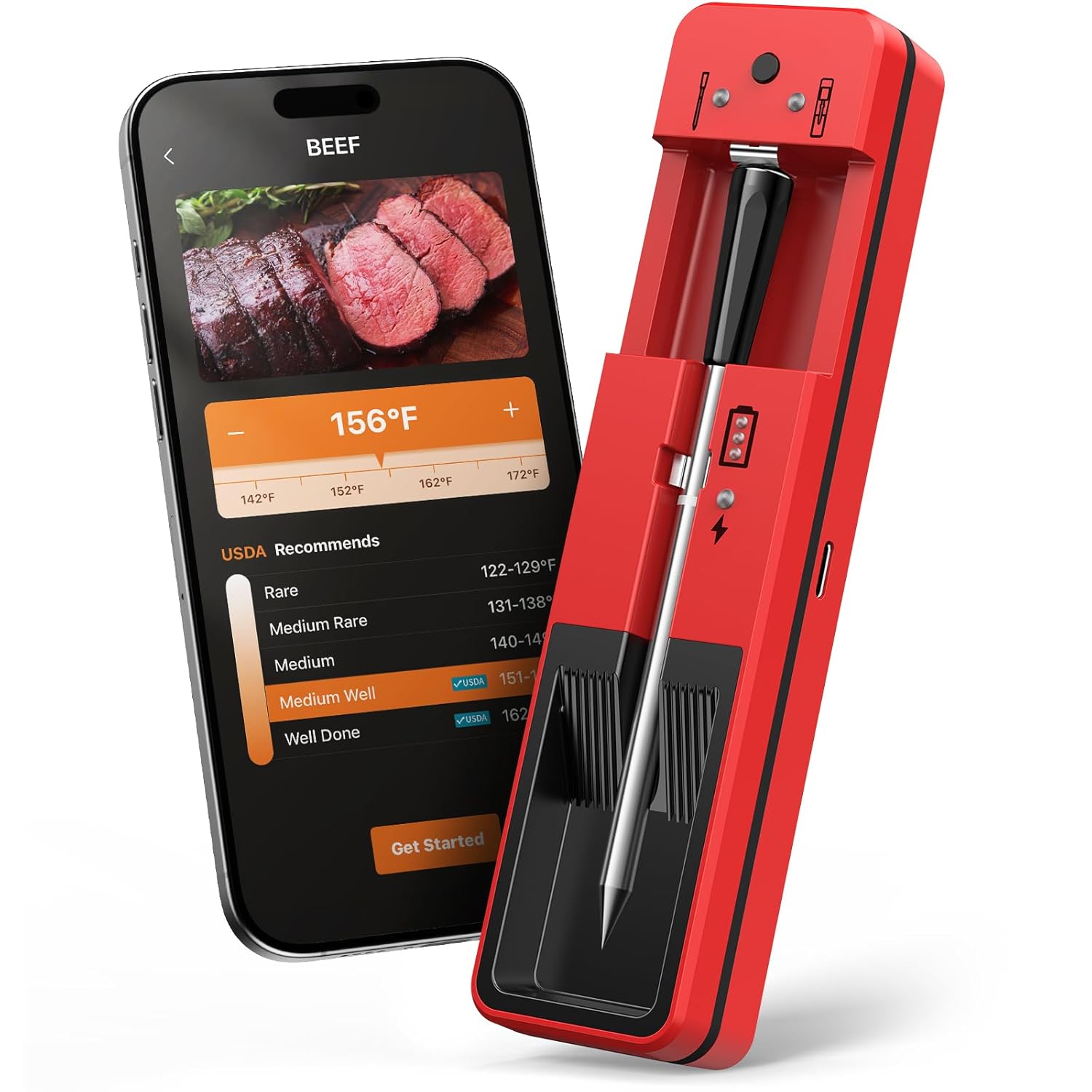 Smart Wireless Meat Thermometer with Ultra-Thin Probe, 6 Sensors Accuracy Digital Food Thermometer 0.5S Instant Read, IP67 Waterproof for BBQ, Grill, Smoker, Oven, Air Fryer,Red