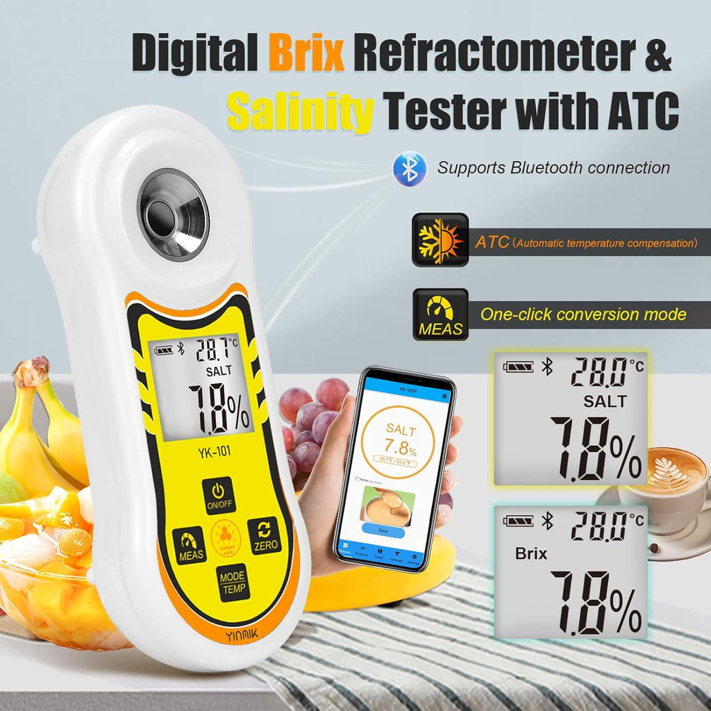 Smart Refractometer Brix Salt Meter, Brix Refractometer & Salinity Tester with ATC, Hand-Held Salinity Meter 0-24% for Food,sauces and Aquarium, Brix Sugar Refractometer 0-60% for Fruit,Drinks,Coffee