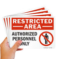 SmartSign (Pack of 4) 5 x7 inch “Restricted Area - Authorized Personnel Only” Sticker Labels with Symbol, 5 mil Laminated Polyester with SuperStick Adhesive, Red, Black and White, Made in USA