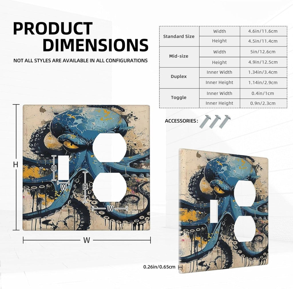 Wallplates Nautical Vintage Blue Octopus Yellow Eyes Oil Watercolor 1 Toggle 1 Duplex Switch Plate Electrical GFCI Faceplate Decorative Light Switch Covers for Kids room Nursery Decor