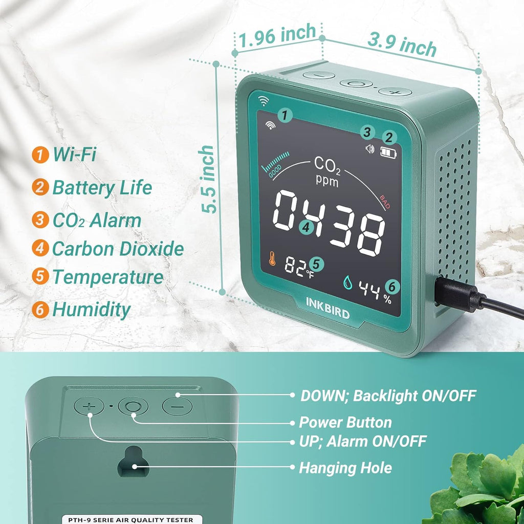 INKBIRD WiFi CO2 Detector Battery Powered | Smart CO2 Monitor NDIR Sensor and Data Logger | Carbon Dioxide & Temperature & Humidity Air Quality Monitor Indoor | for Home, Office, Grow Tent (INK-CO2W)