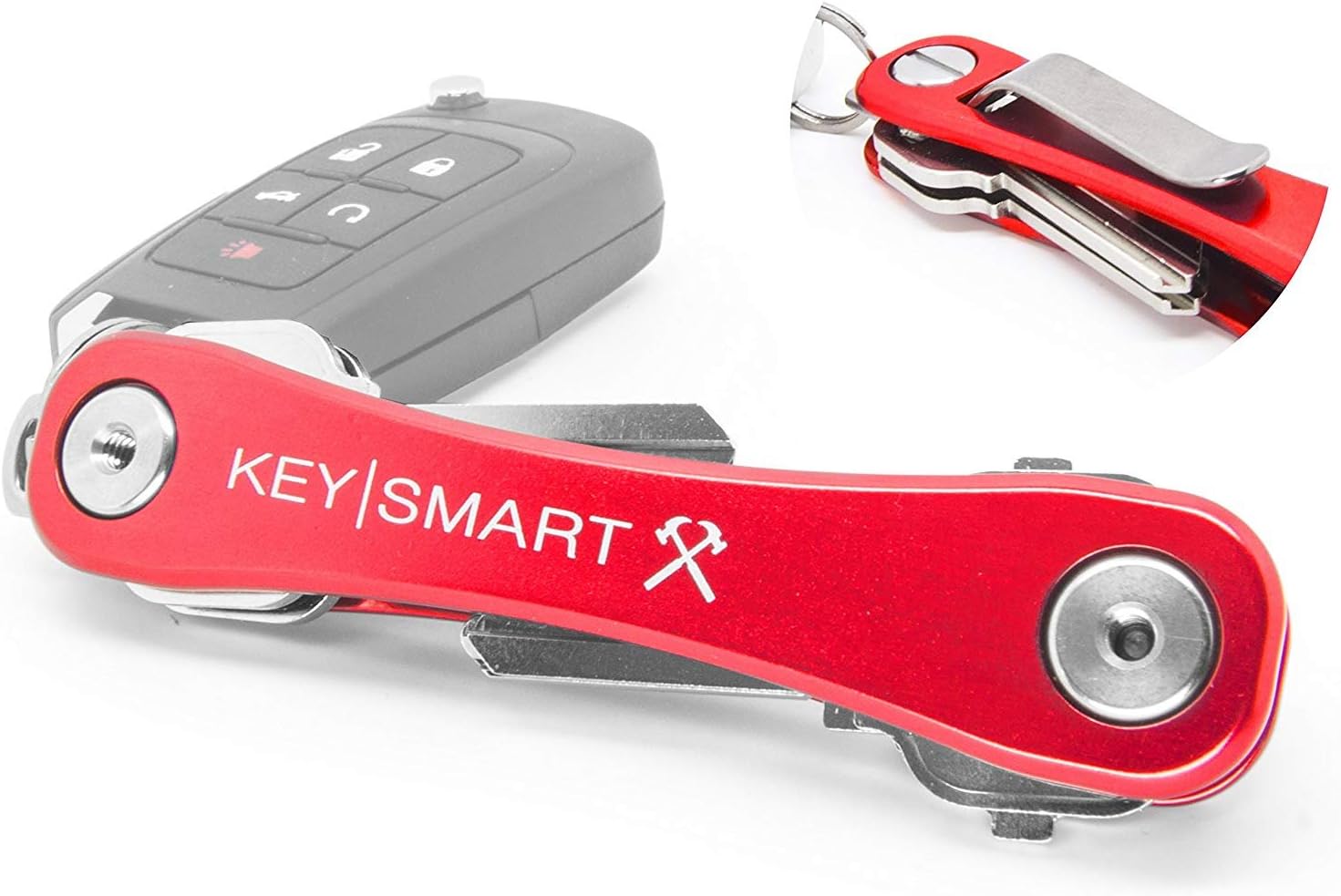KeySmart Rugged - Multitool Key Holder for Keychain w/Bottle Opener and Pocket Clip, Key Organizer for Key Chain, EDC Keychains, Key Ring for Car Fobs Key Chains, Expandable (Up to 14 Keys, Red)