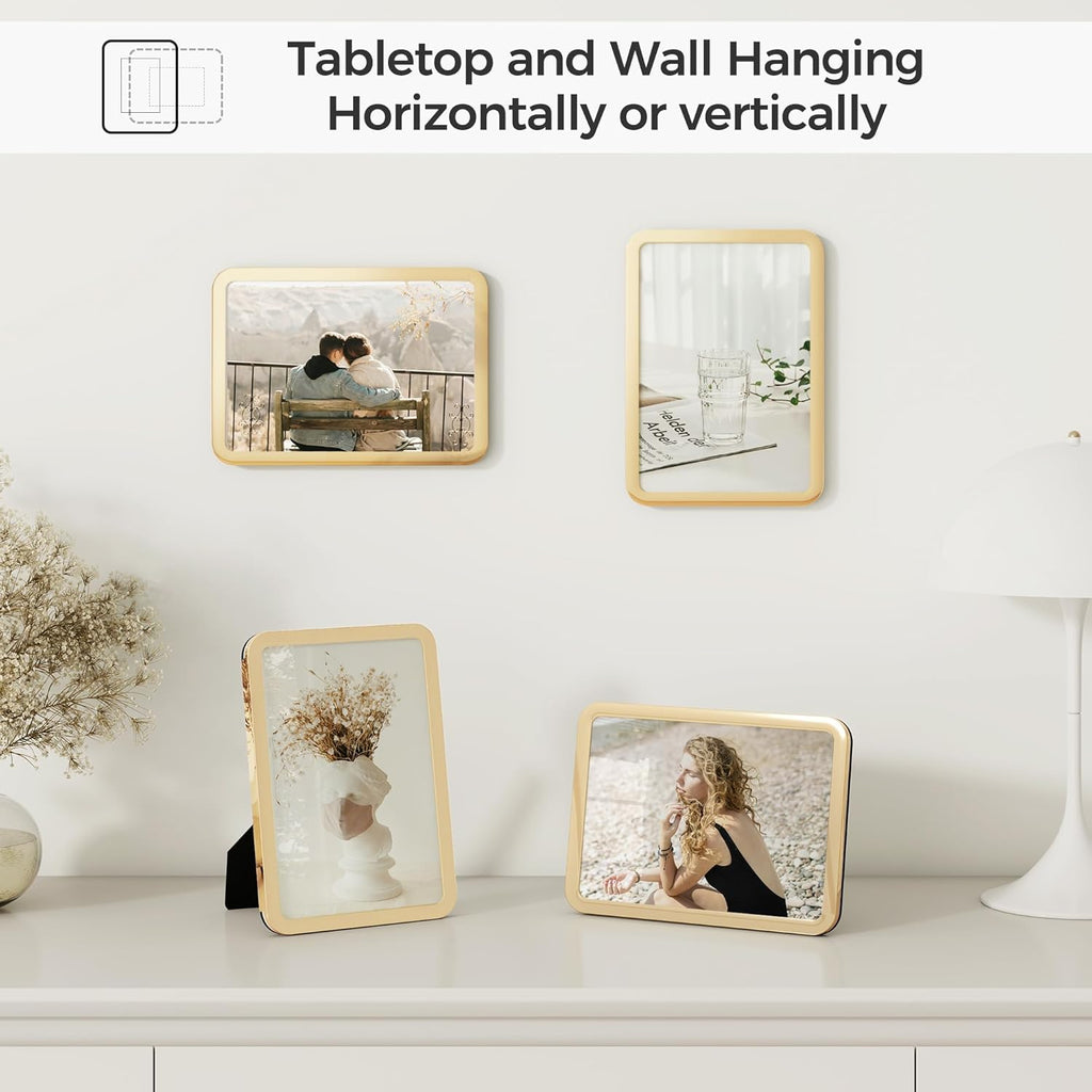 Axeman 5x7 Picture Frame-Metal Rounded Corner Frame 5x7, 5''x7''Photo Frame with Tempered Glass,Tabletop and Wall Display, One-Piece 5 By 7 Metal Picture Frame for images, Gold