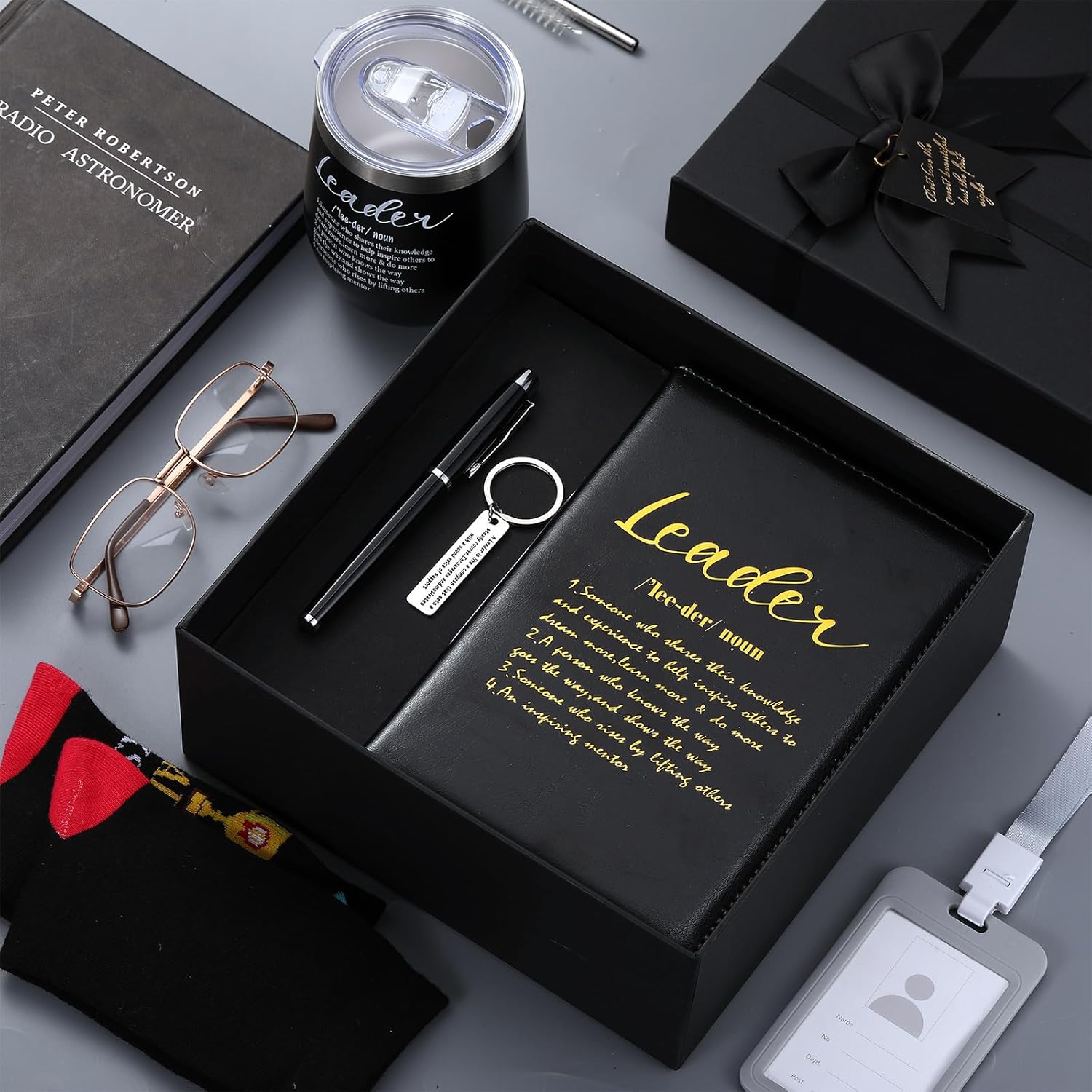 6 Pcs Great Leaders Gifts for Men Boss Manager PM Mentor Supervisor Gifts 12 oz Stainless Steel Cup Socks Keychain Pen Notebook Box for Appreciation Retirement Farewell Gift
